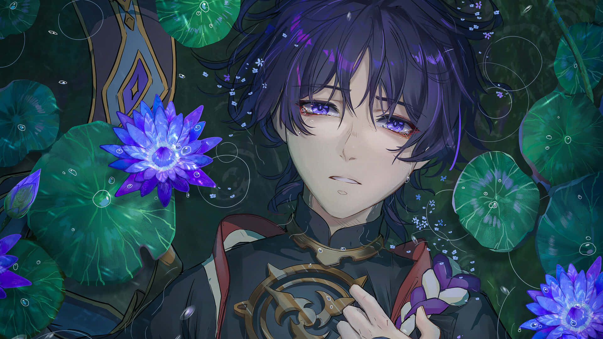 A Boy With Purple Hair And Blue Eyes Is Sitting In A Pond Background