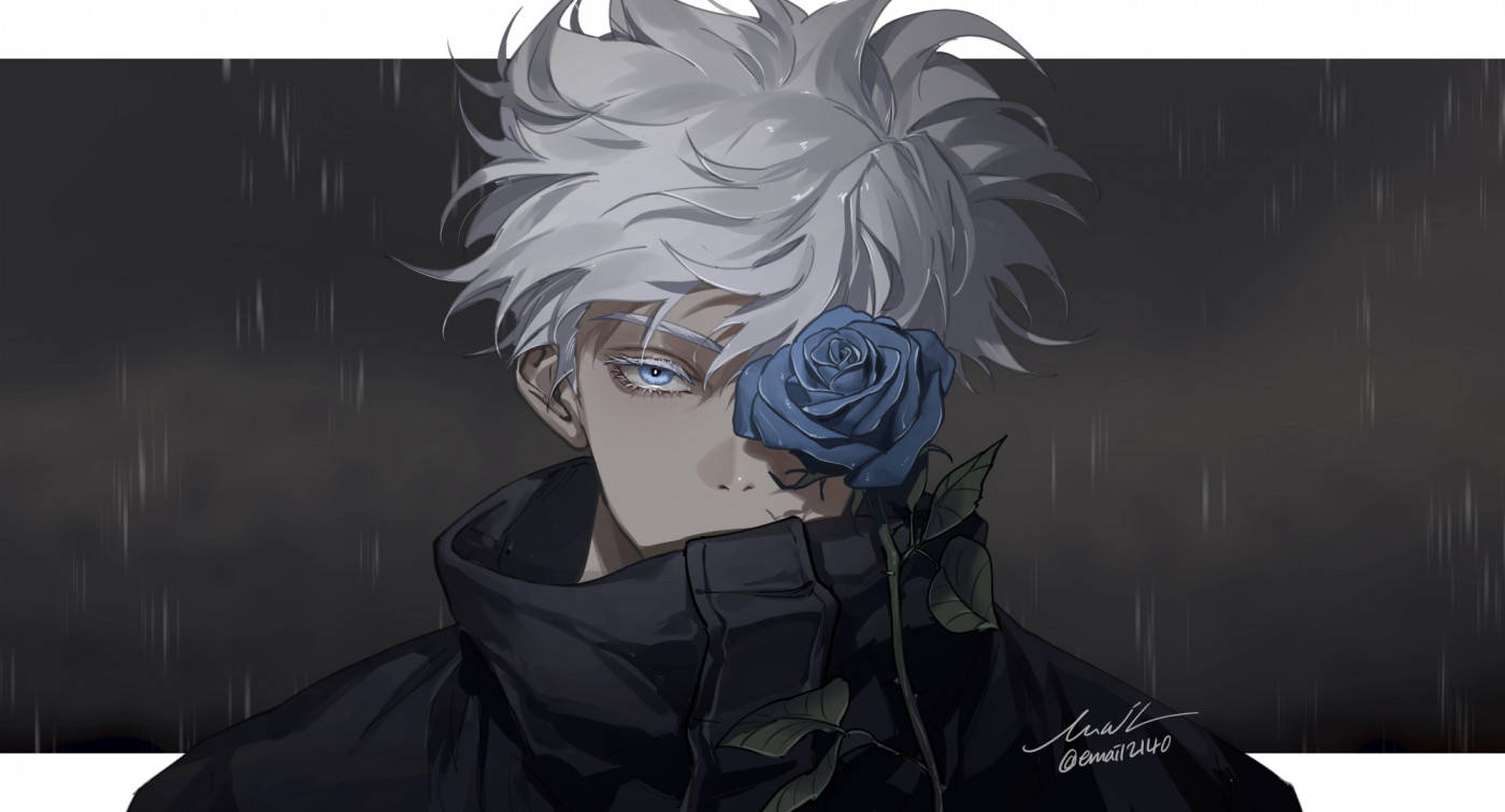 A Boy With White Hair And Blue Rose In The Rain Background