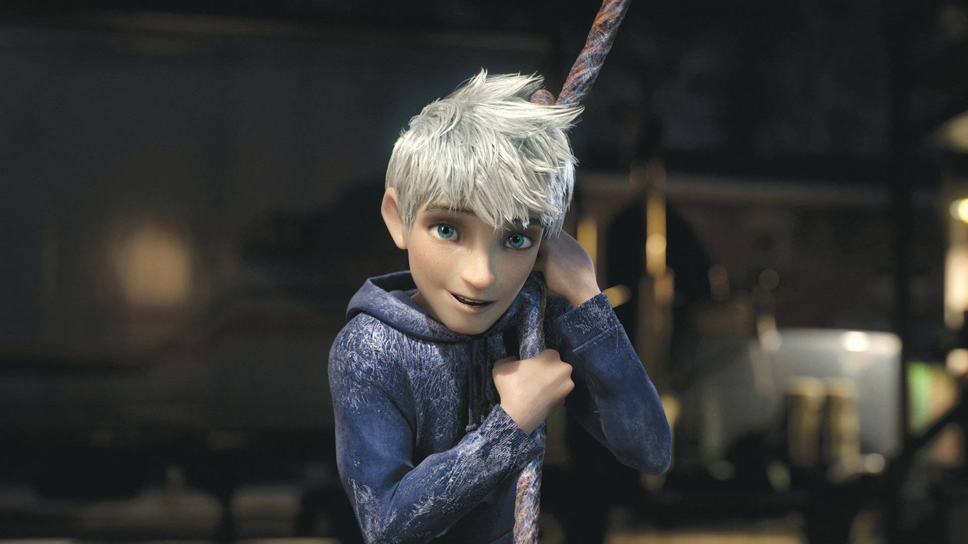 A Boy With White Hair Is Hanging On A Rope