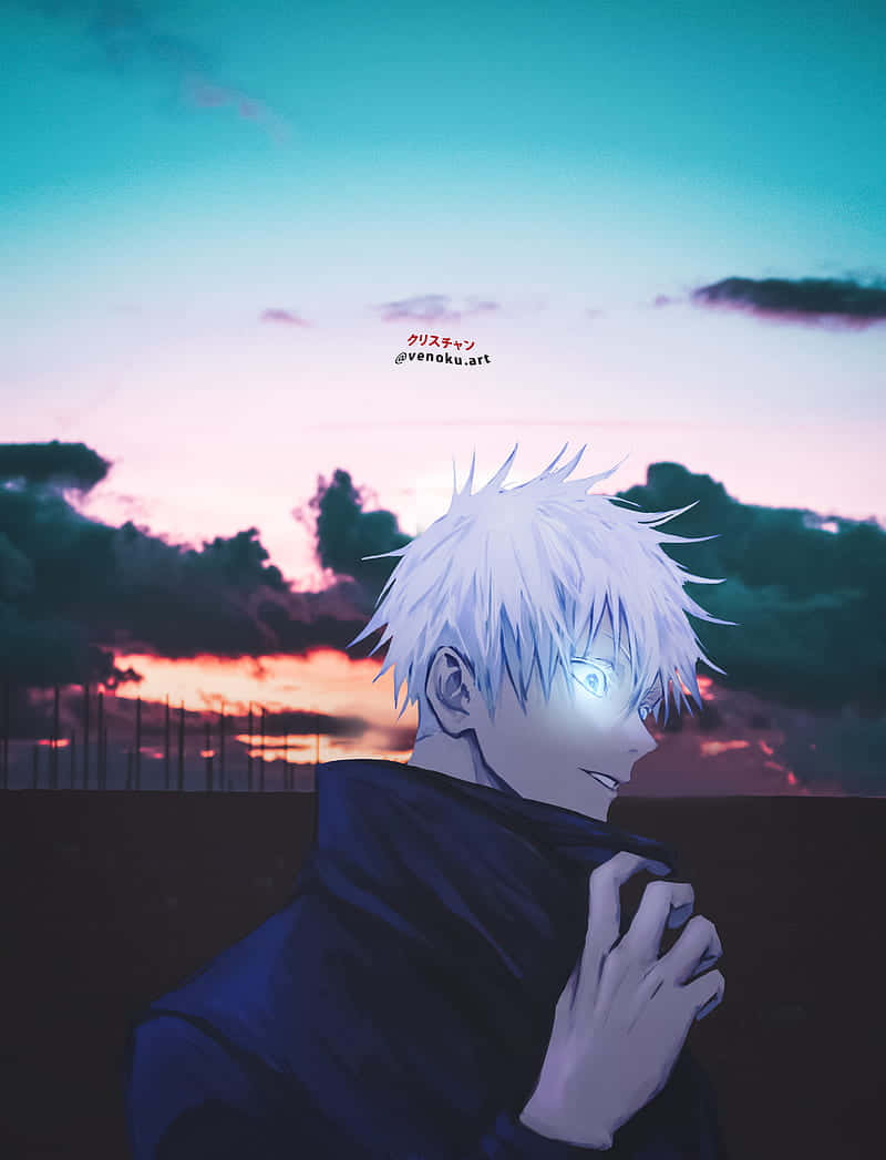 A Boy With White Hair Standing In Front Of A Sunset Background