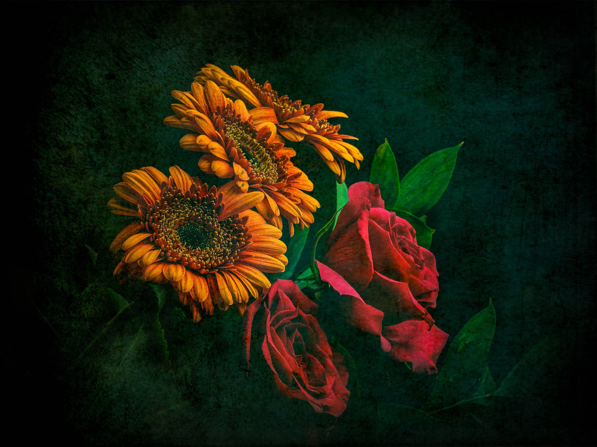 A Breathtaking Floral View Of A Bouquet Of Sunflowers, Roses And Greenery. Background