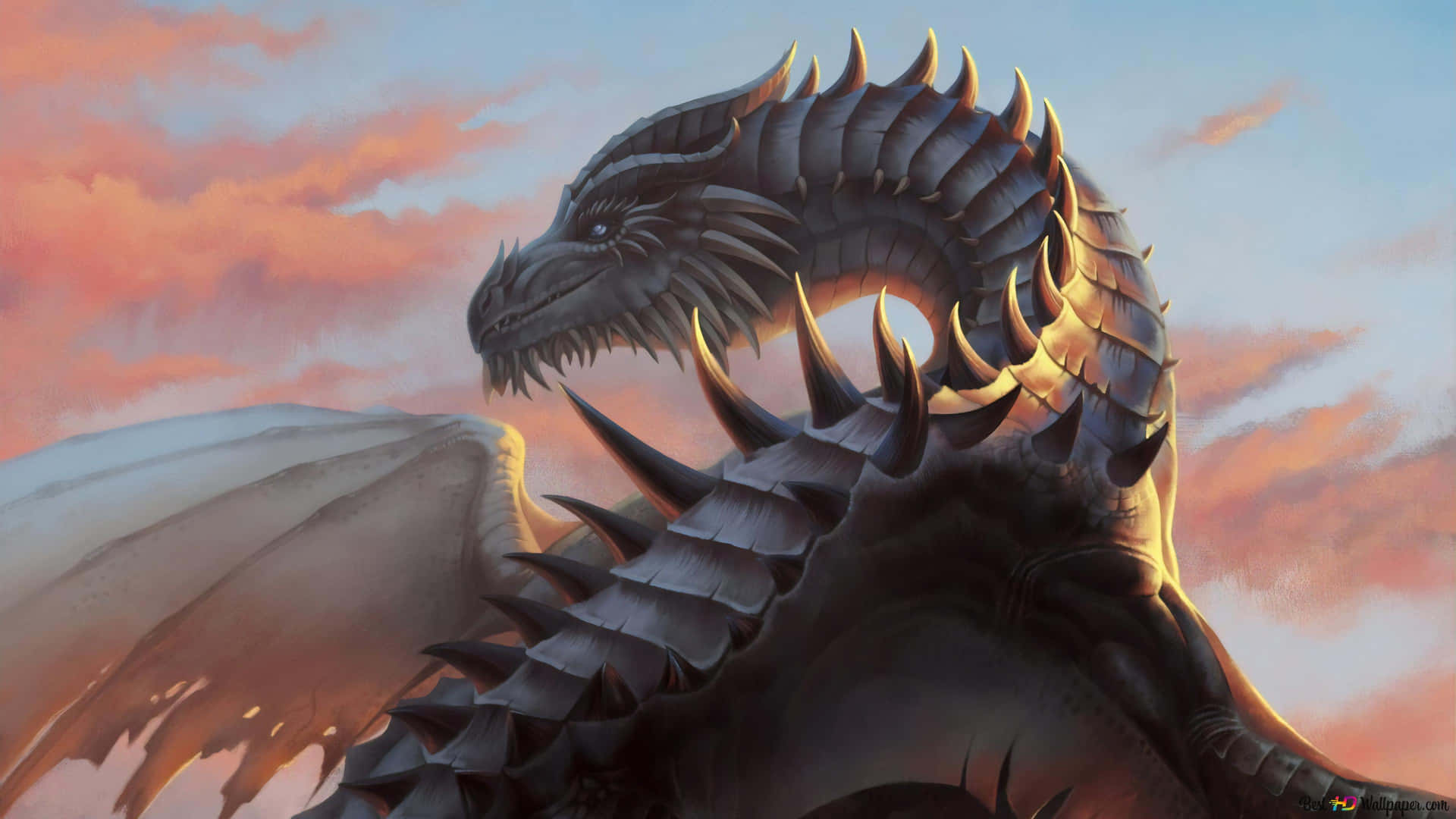 A Bright, Fire-breathing Dragon With Powerful Wings Soaring Through The Sky Background