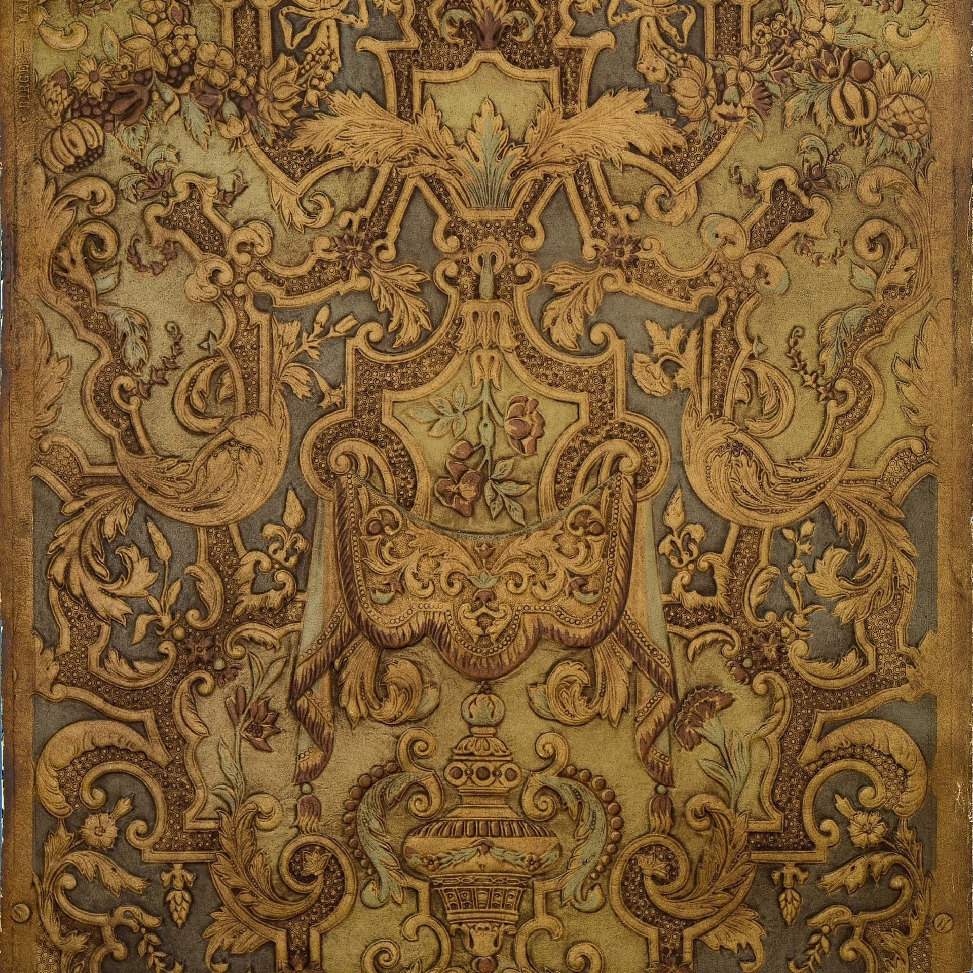 A Brown And Gold Tapestry With Ornate Designs