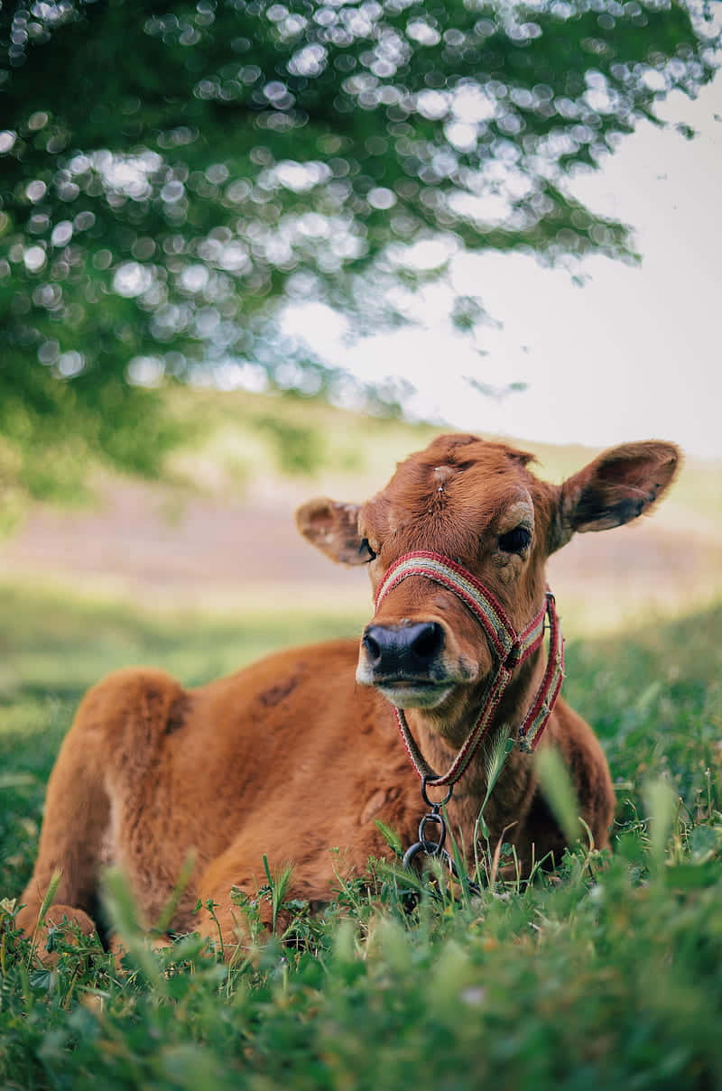 A Brown Cow Laying In The Grass