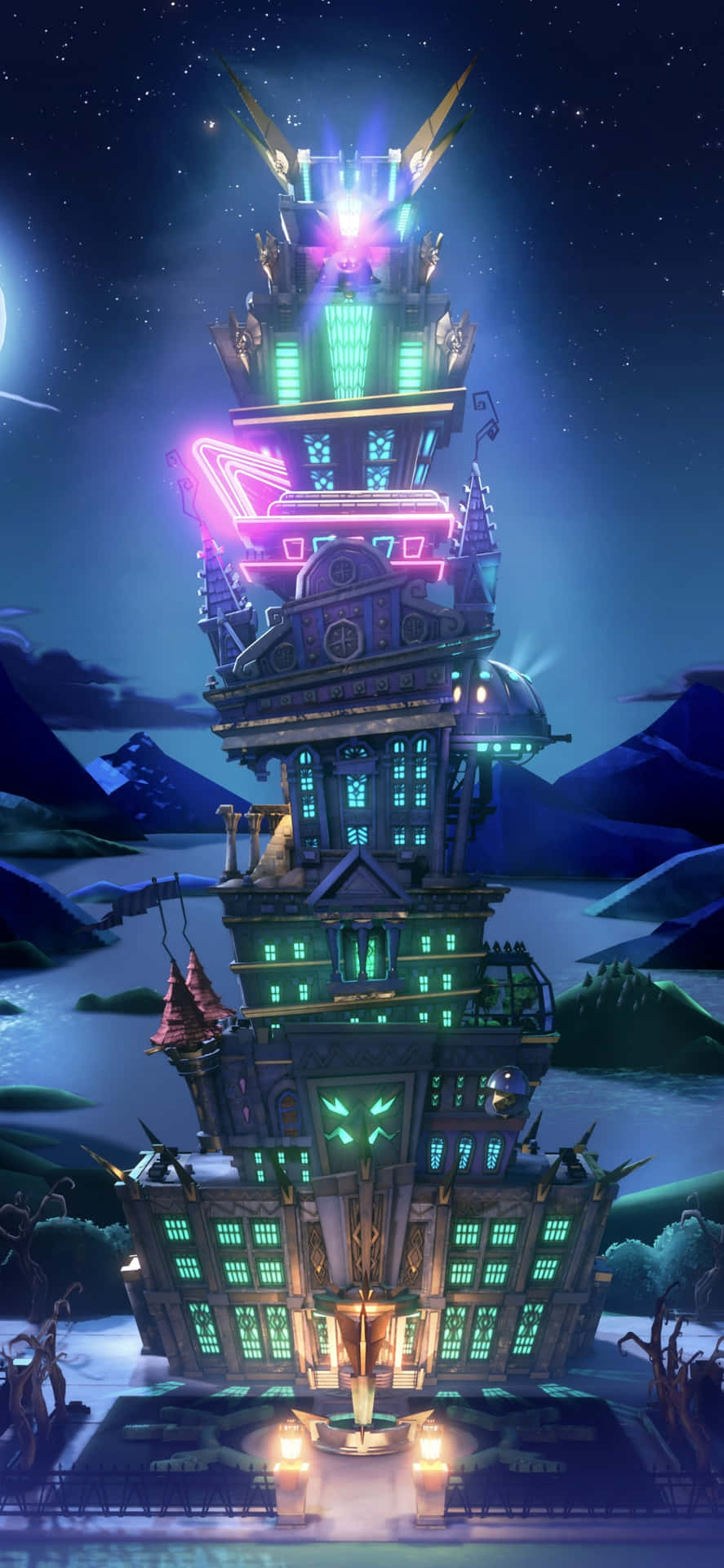 A Building With A Neon Light On It Background