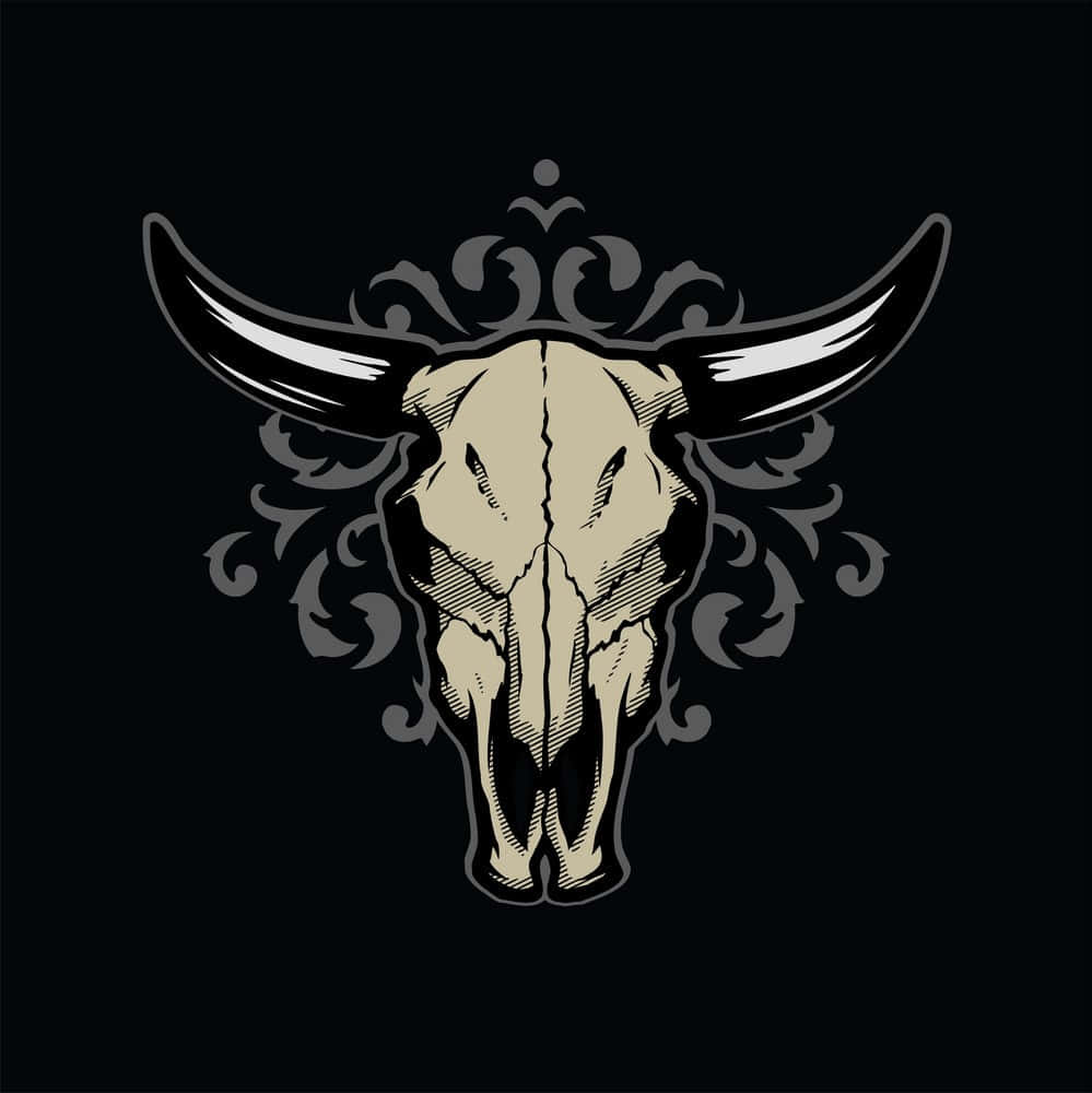 A Bull Skull With Horns On A Black Background Background