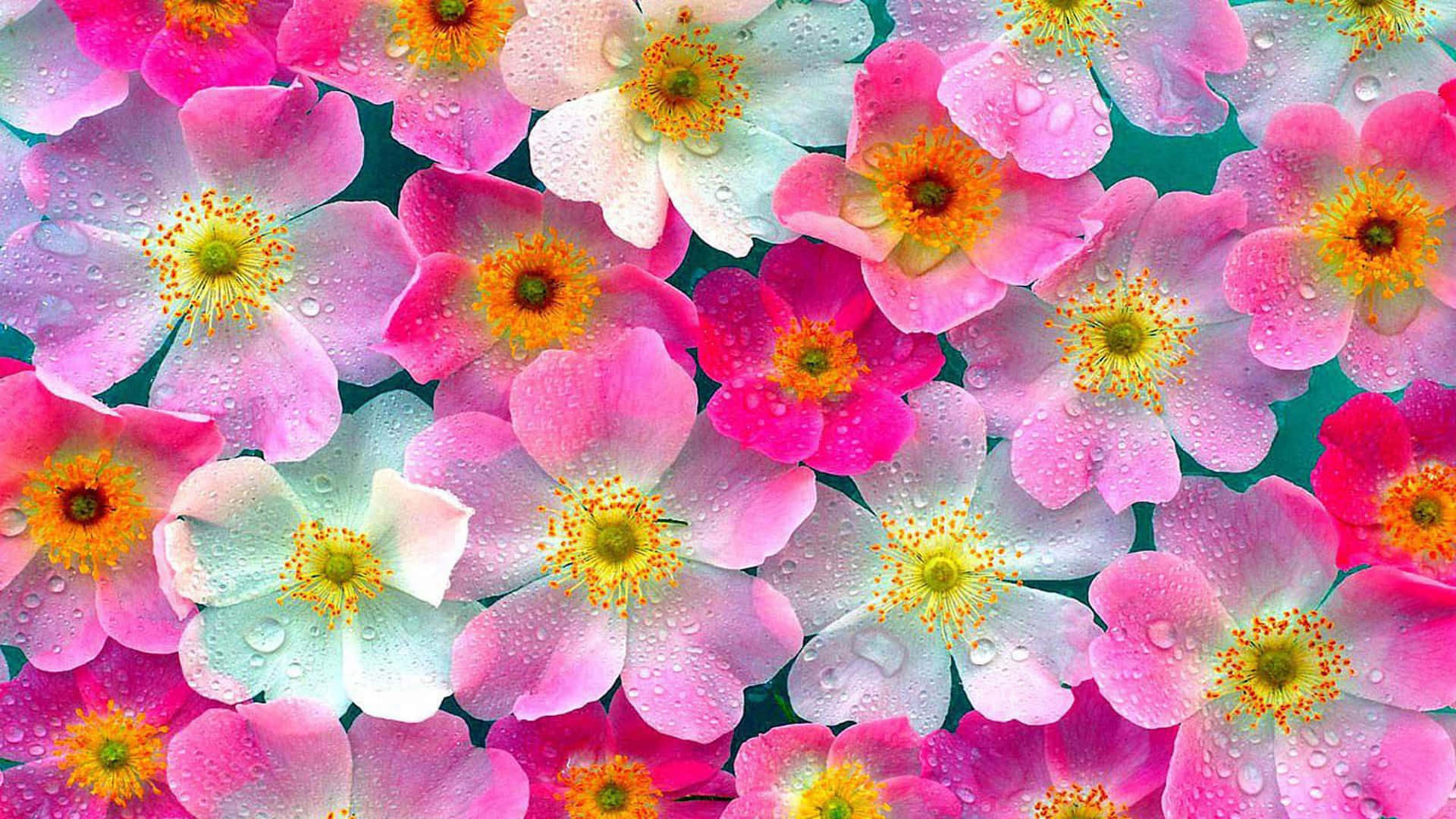 A Bunch Of Pink And Yellow Flowers With Water Droplets Background