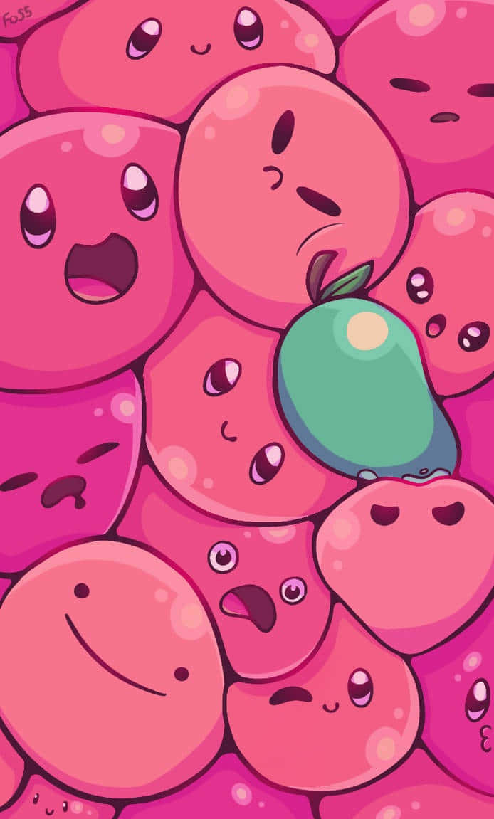 A Bunch Of Pink Kawaii Characters Surrounded By A Green One Background