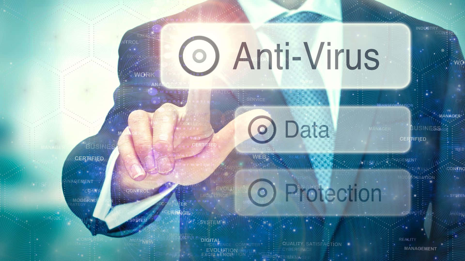 A Businessman Is Pressing The Anti Virus Button On A Virtual Screen