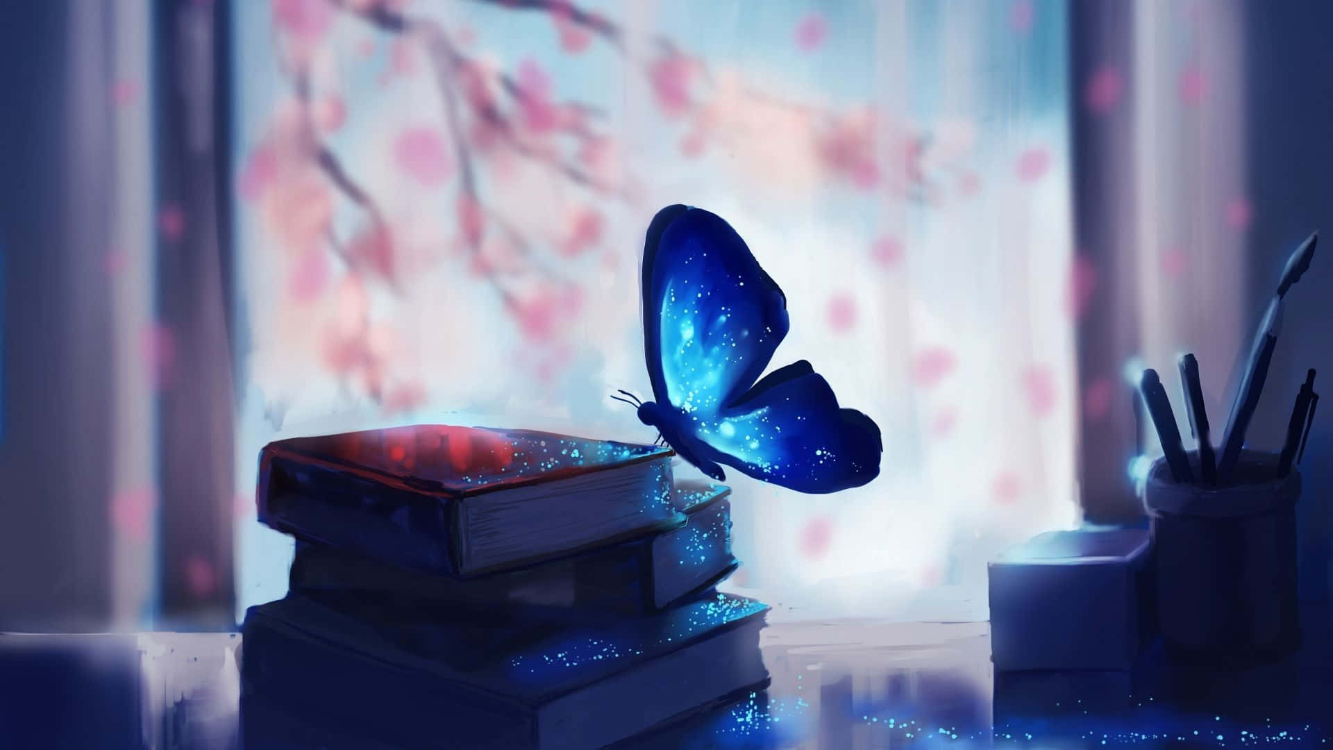 A Butterfly Sitting On Top Of Books In Front Of A Window Background