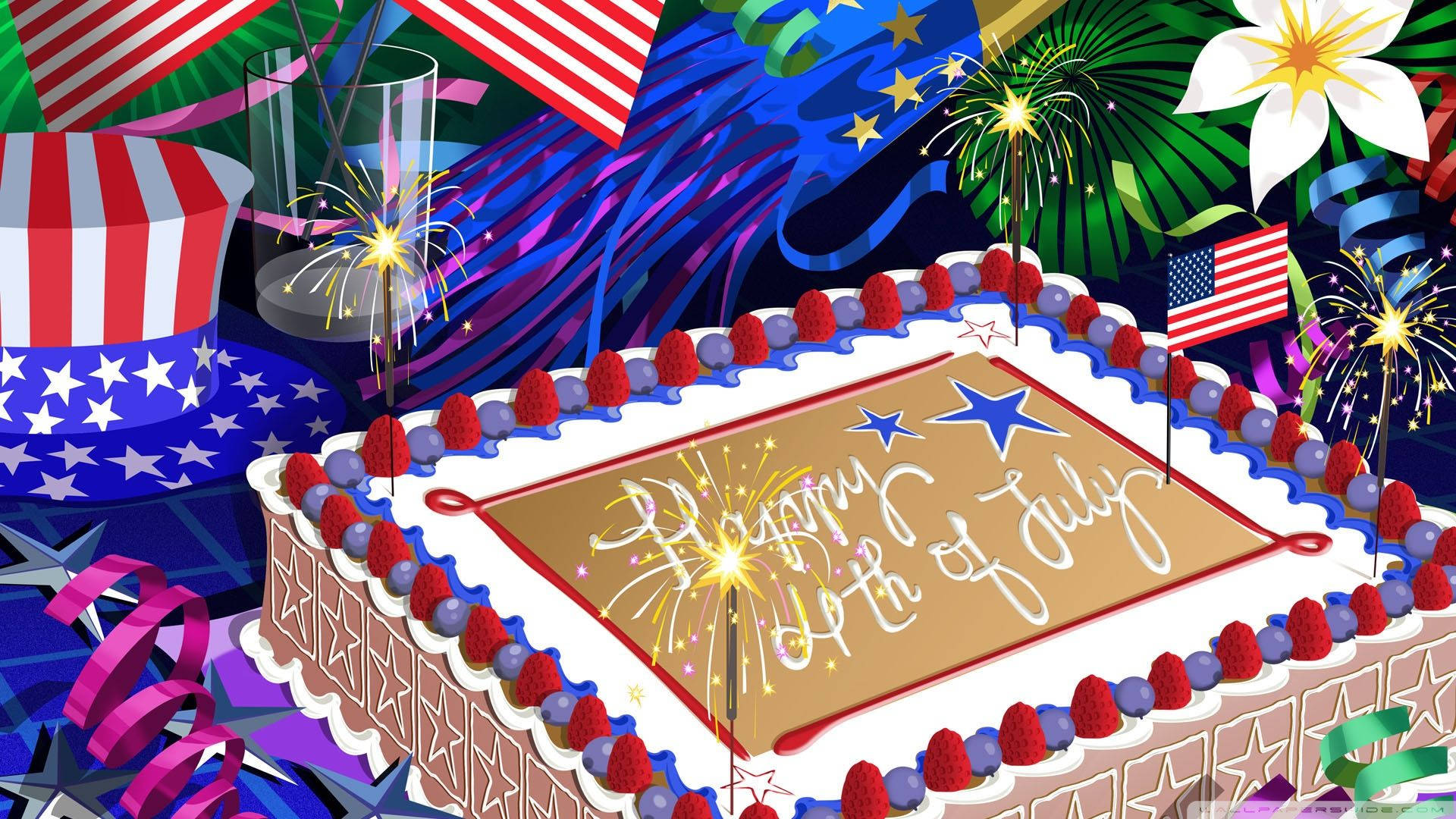 A Cake With Fireworks And Decorations On It Background