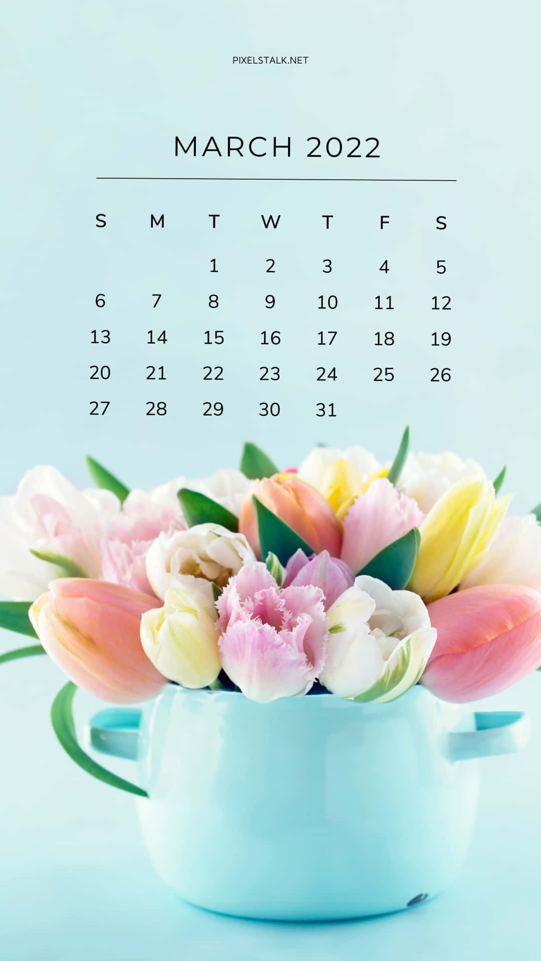 A Calendar With Flowers In A Blue Vase Background