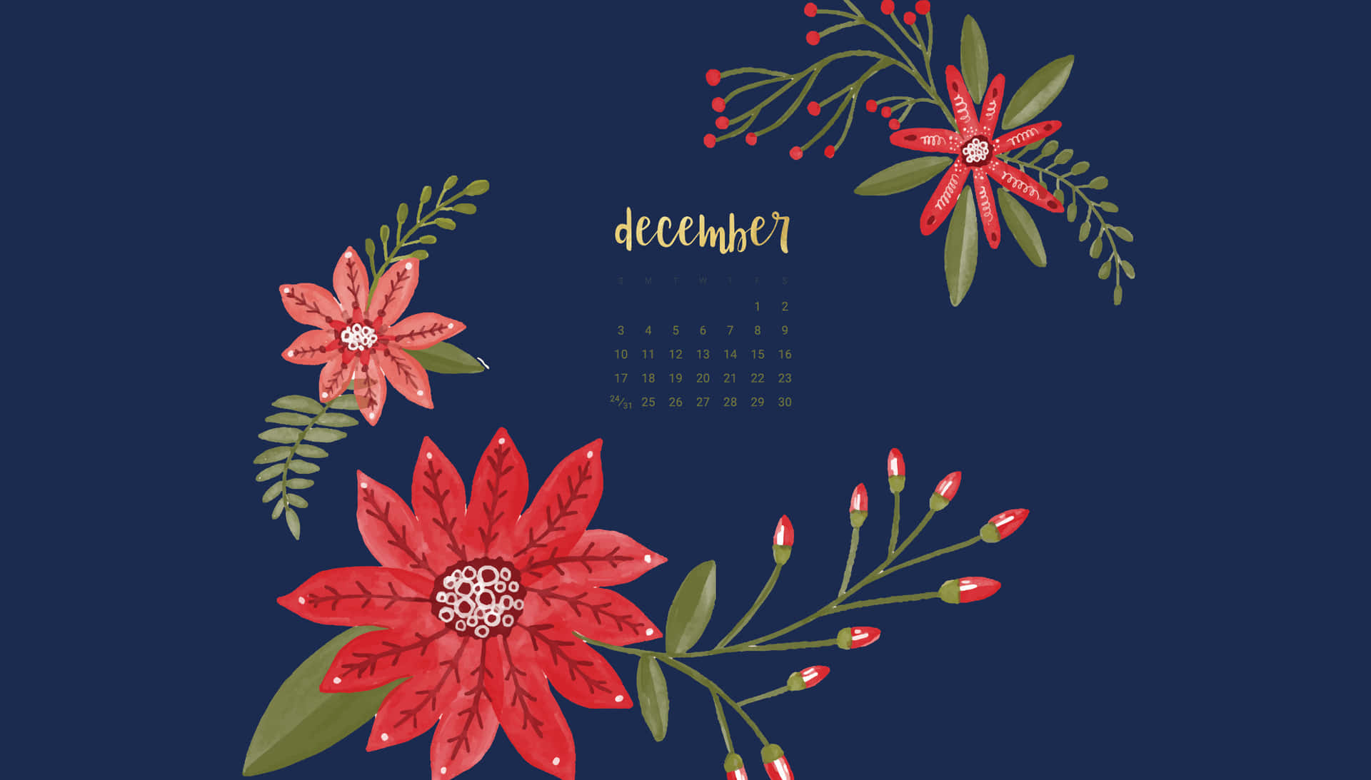 A Calendar With Red Flowers And Leaves On A Blue Background Background
