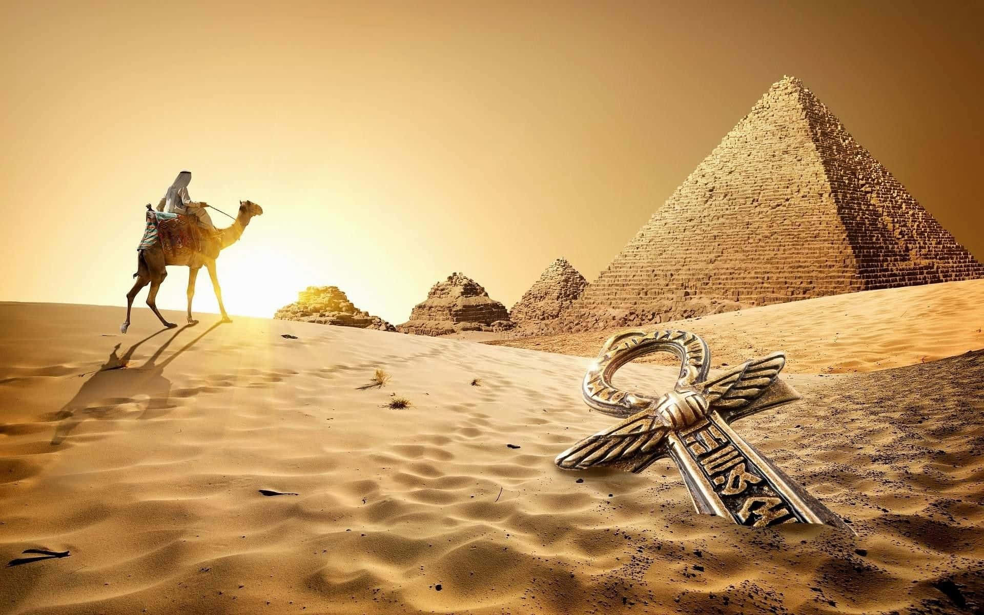 A Camel Is Standing In The Desert With A Pyramid In The Background