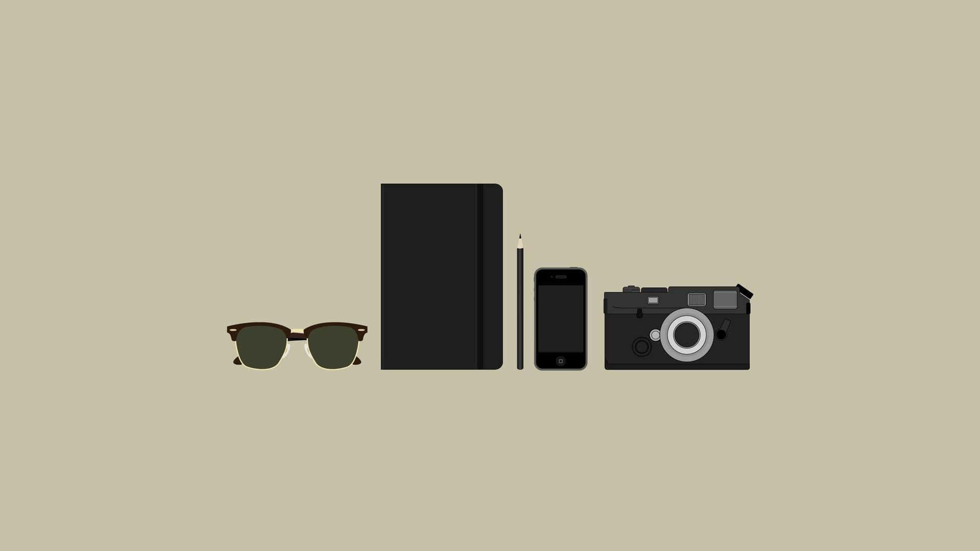 A Camera, Sunglasses, And A Book On A Beige Background Background