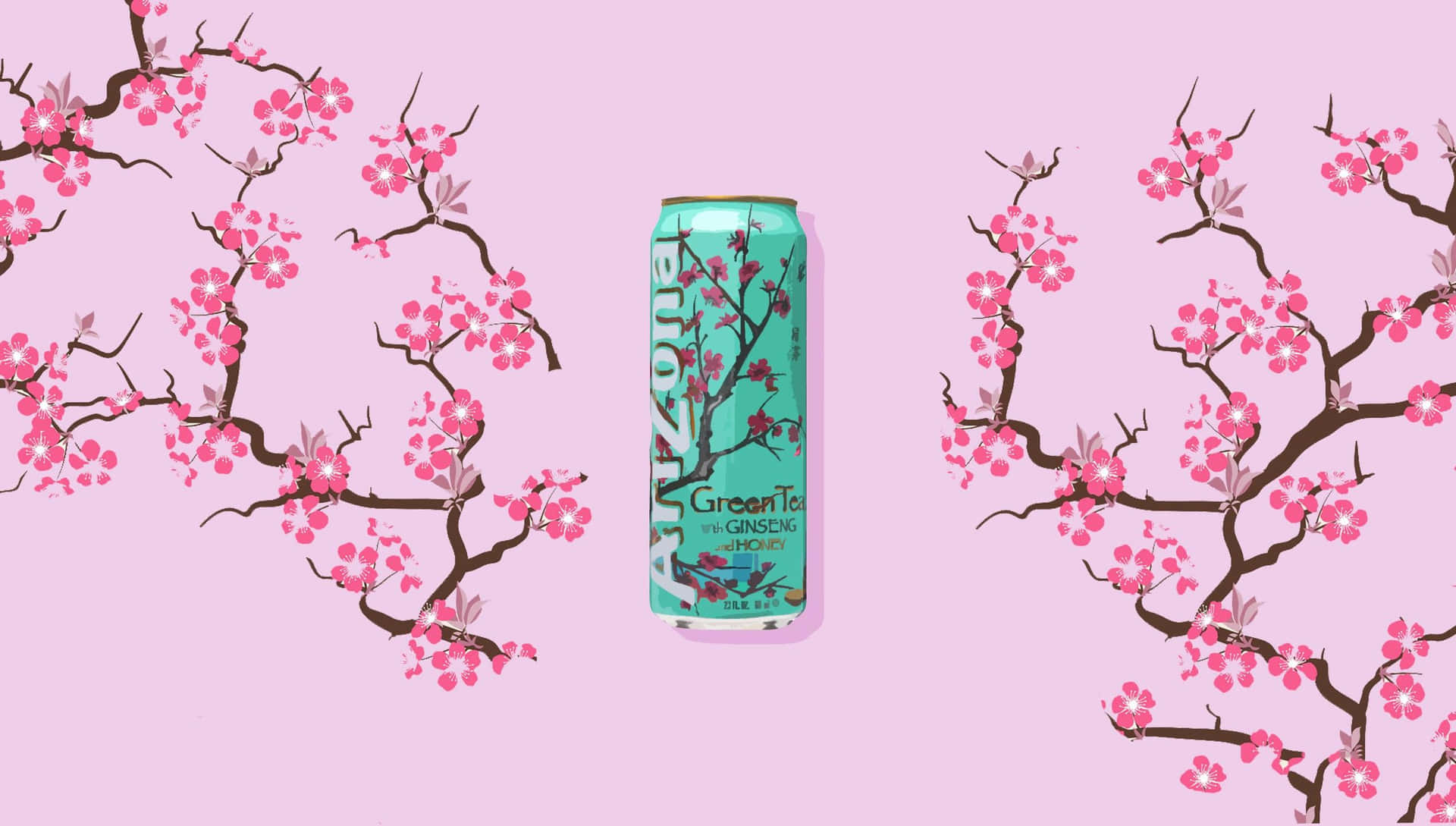A Can Of Cherry Blossom Tea With Pink Blossoms Background