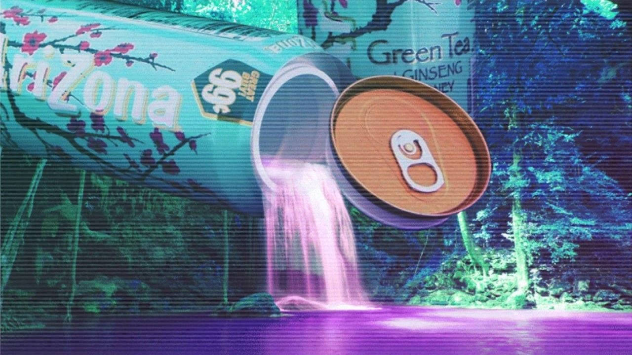 A Can Of Green Tea With A Waterfall Flowing Over It Background