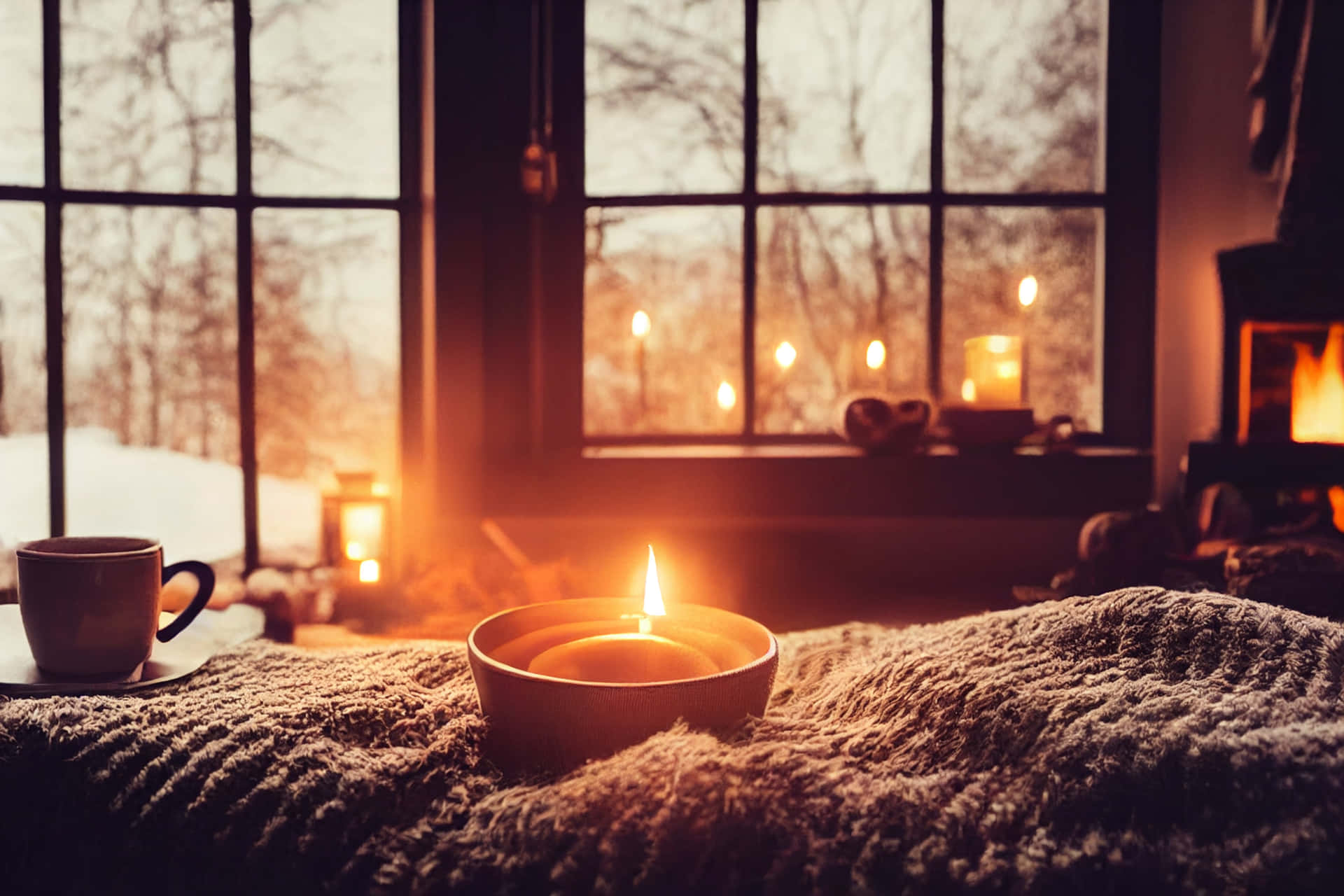 A Candle Is Sitting On A Blanket In Front Of A Window Background