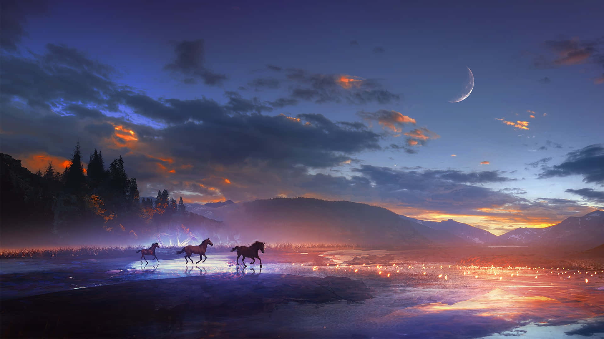 A Captivating Dreamy Cloudscape In A Star-filled Night Sky Above A Serene Forest Background