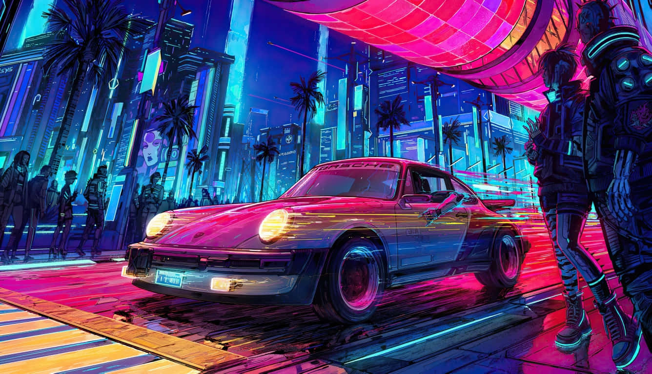 A Car And People In A City With Neon Lights