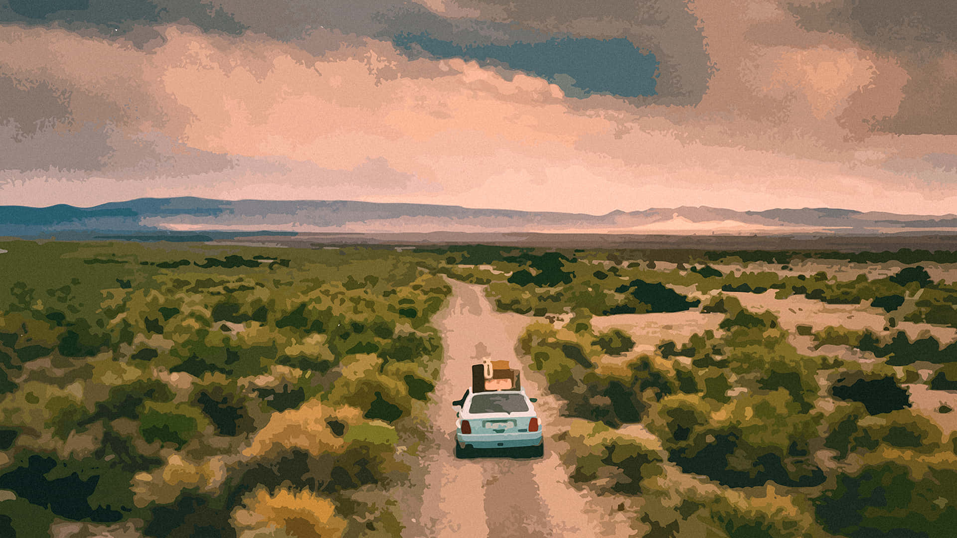 A Car Driving Down A Dirt Road Background