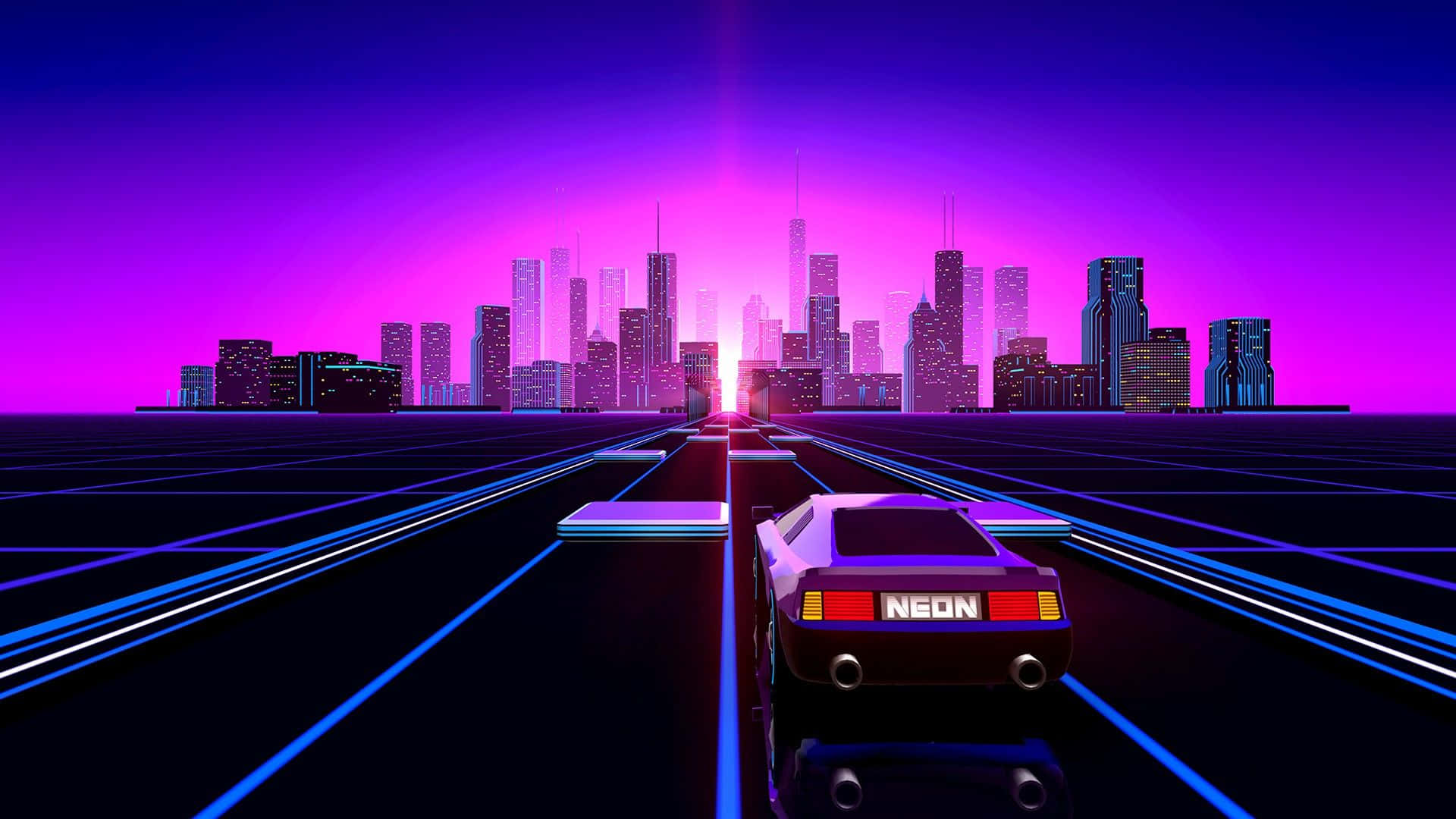 A Car Driving Down A Road With Neon Lights Background