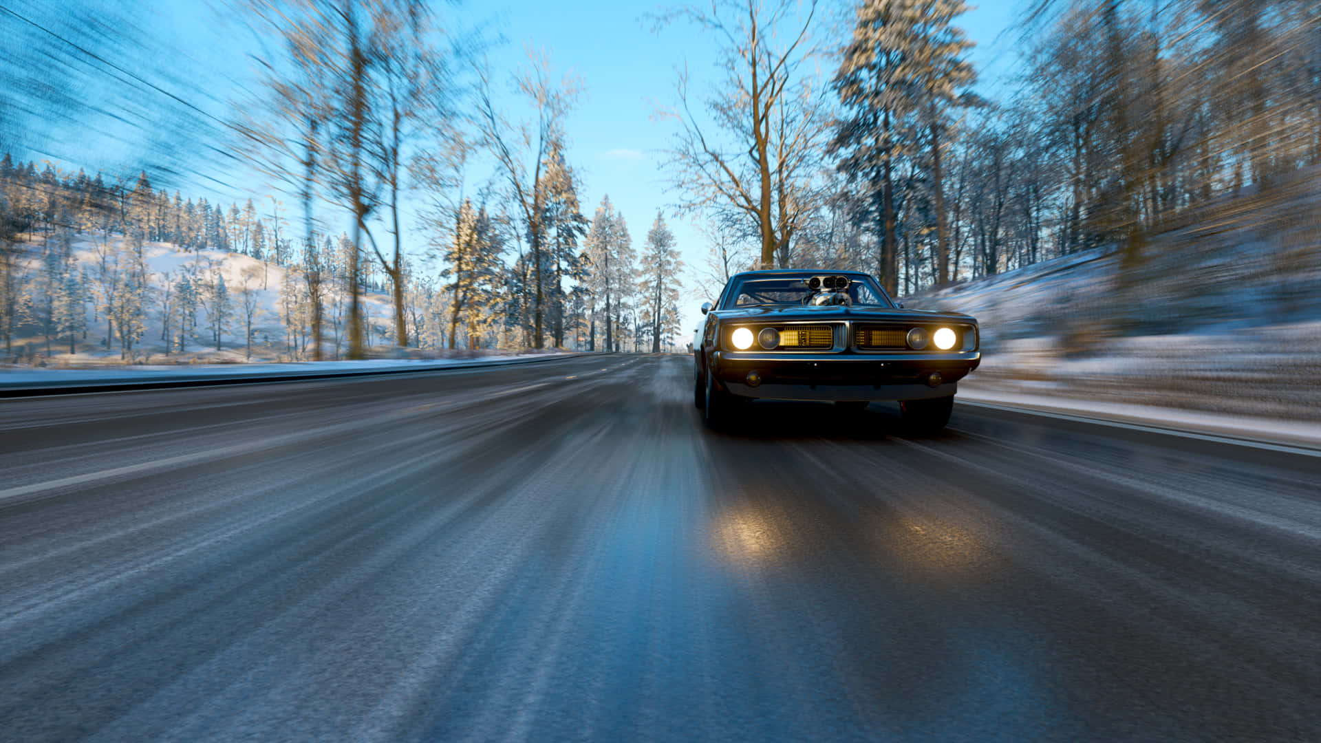 A Car Driving Down A Snowy Road