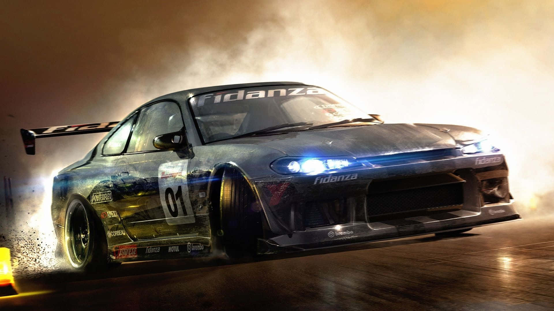 A Car Driving Down A Track With Smoke Coming Out Of It Background