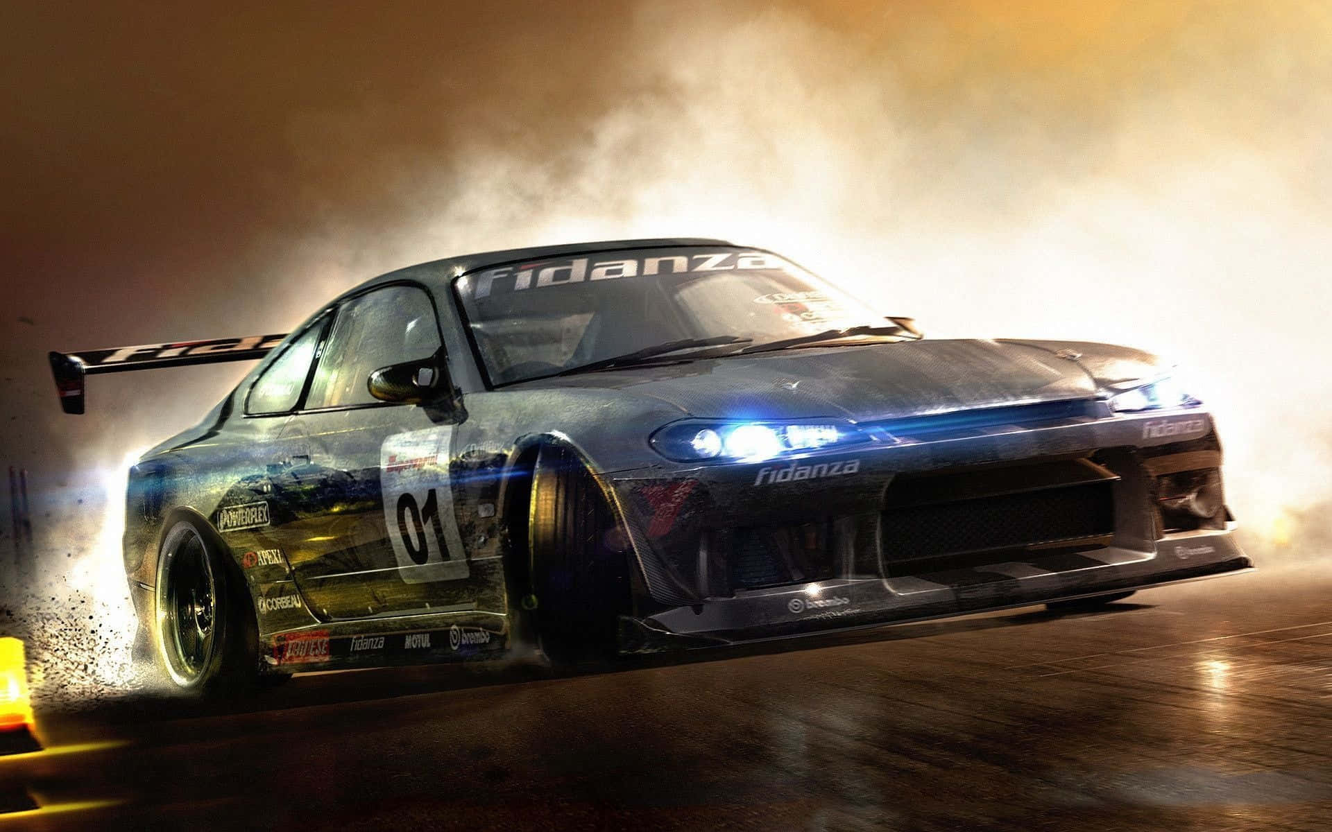 A Car Driving Down A Track With Smoke Coming Out Of It Background