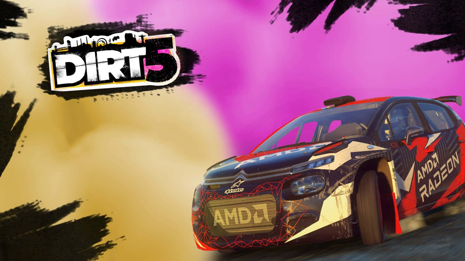 A Car Driving Through A Desert With A Pink Background Background