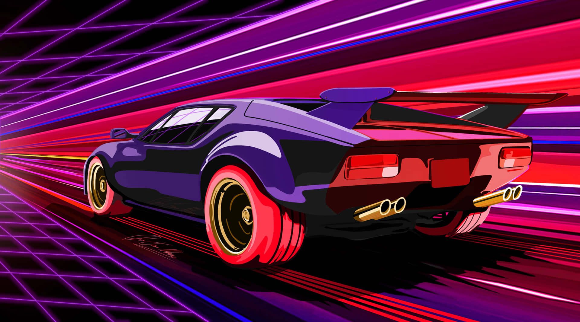A Car Driving Through A Neon Light Tunnel Background