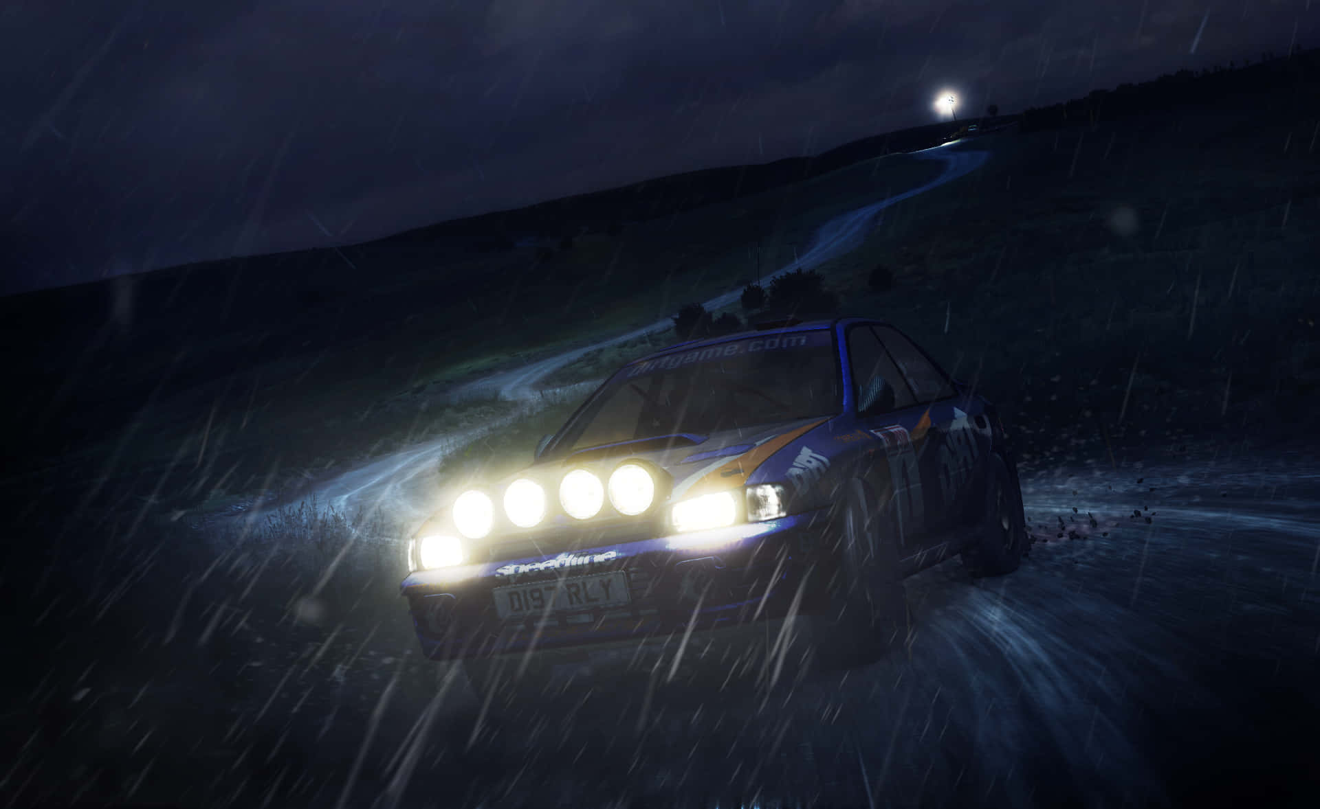 A Car Driving Through A Rainy Night Background