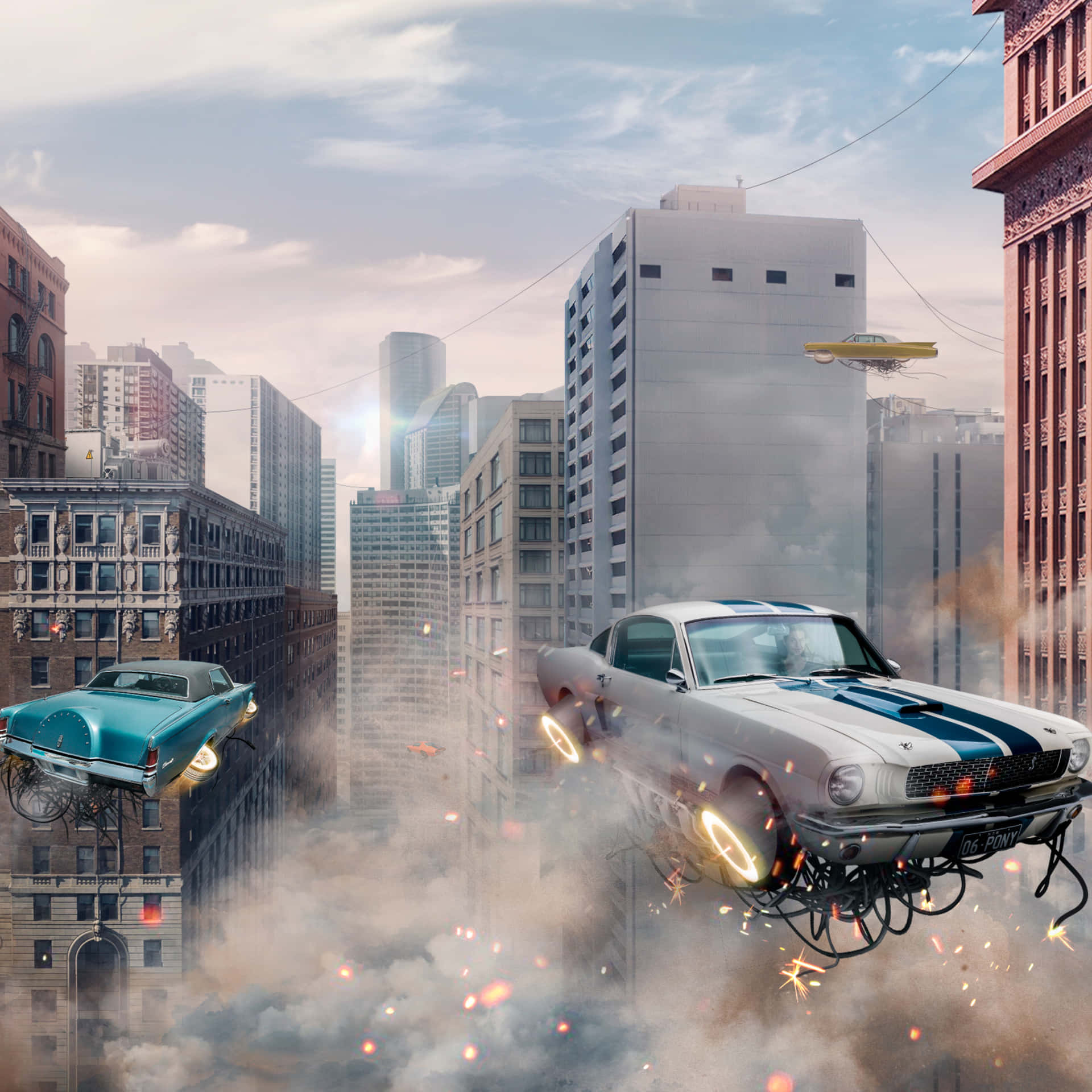 A Car Flying Through The Air In A City Background