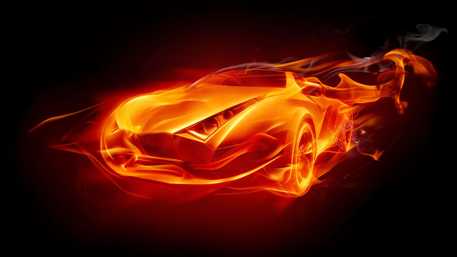 A Car In Flames On A Black Background