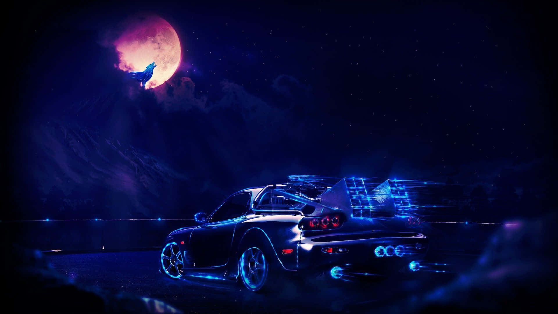 A Car Is In The Night Sky With A Moon