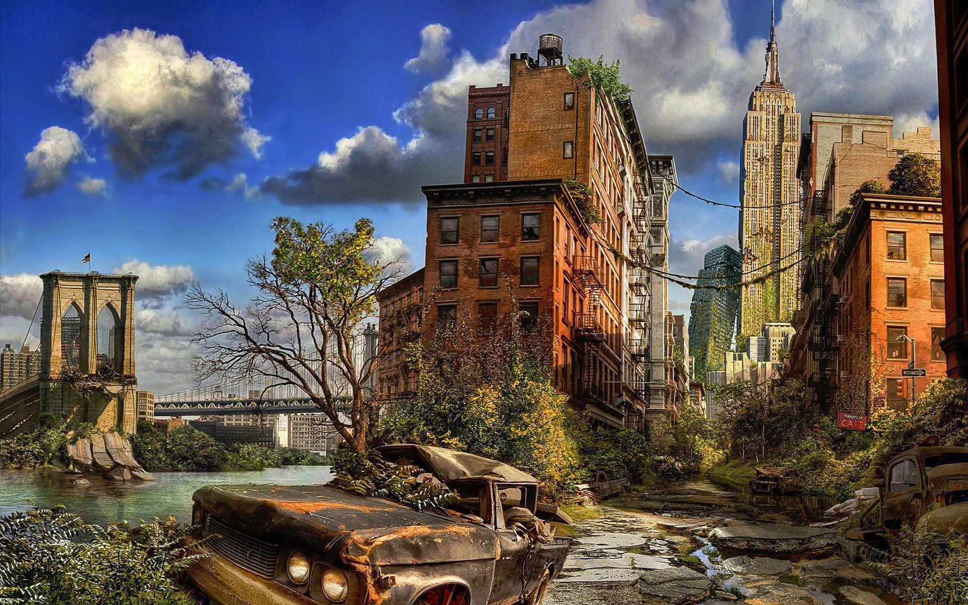 A Car Is Parked In A City With A Bridge Background