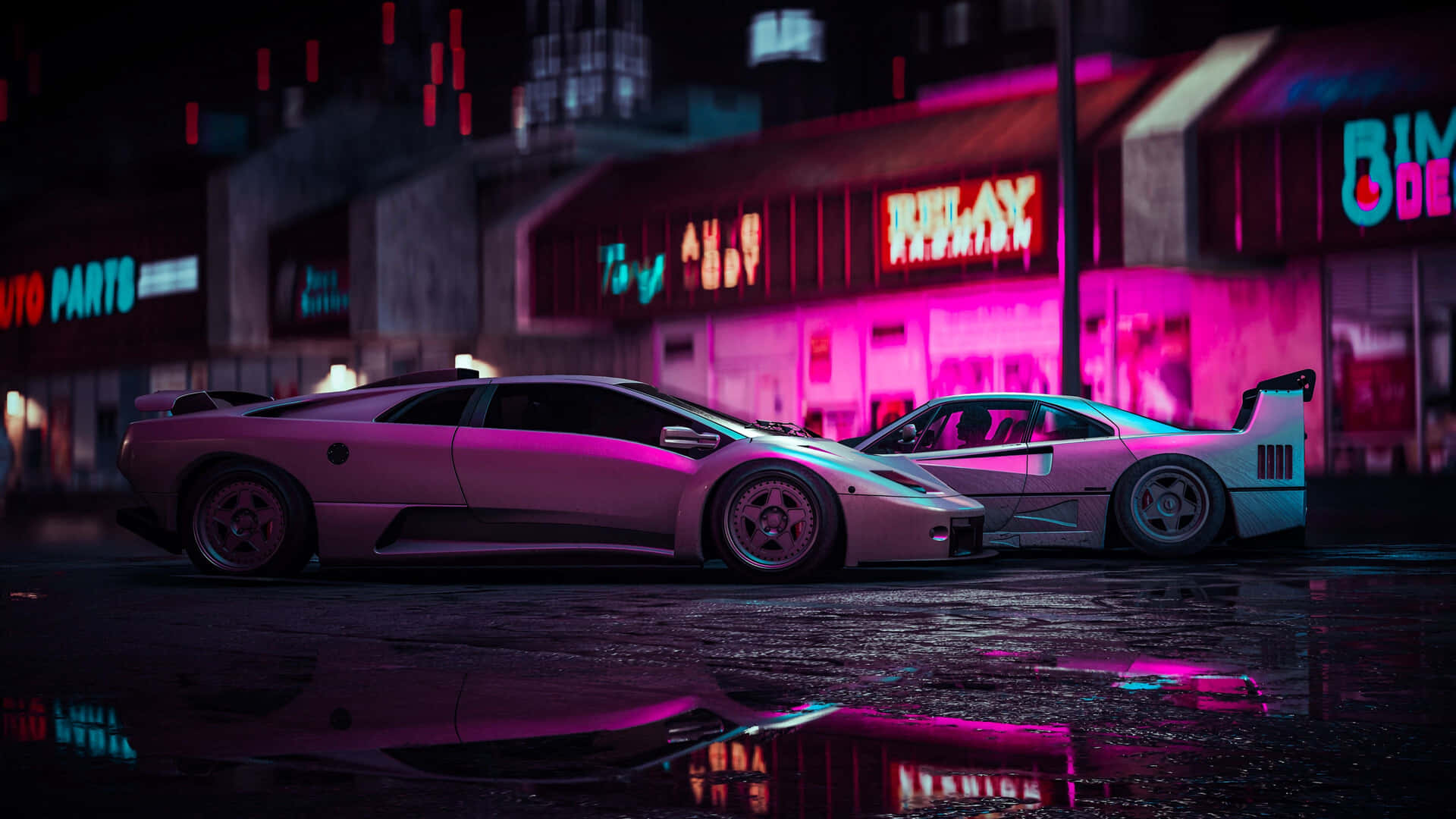 A Car Is Parked In Front Of A Neon Lit Building Background