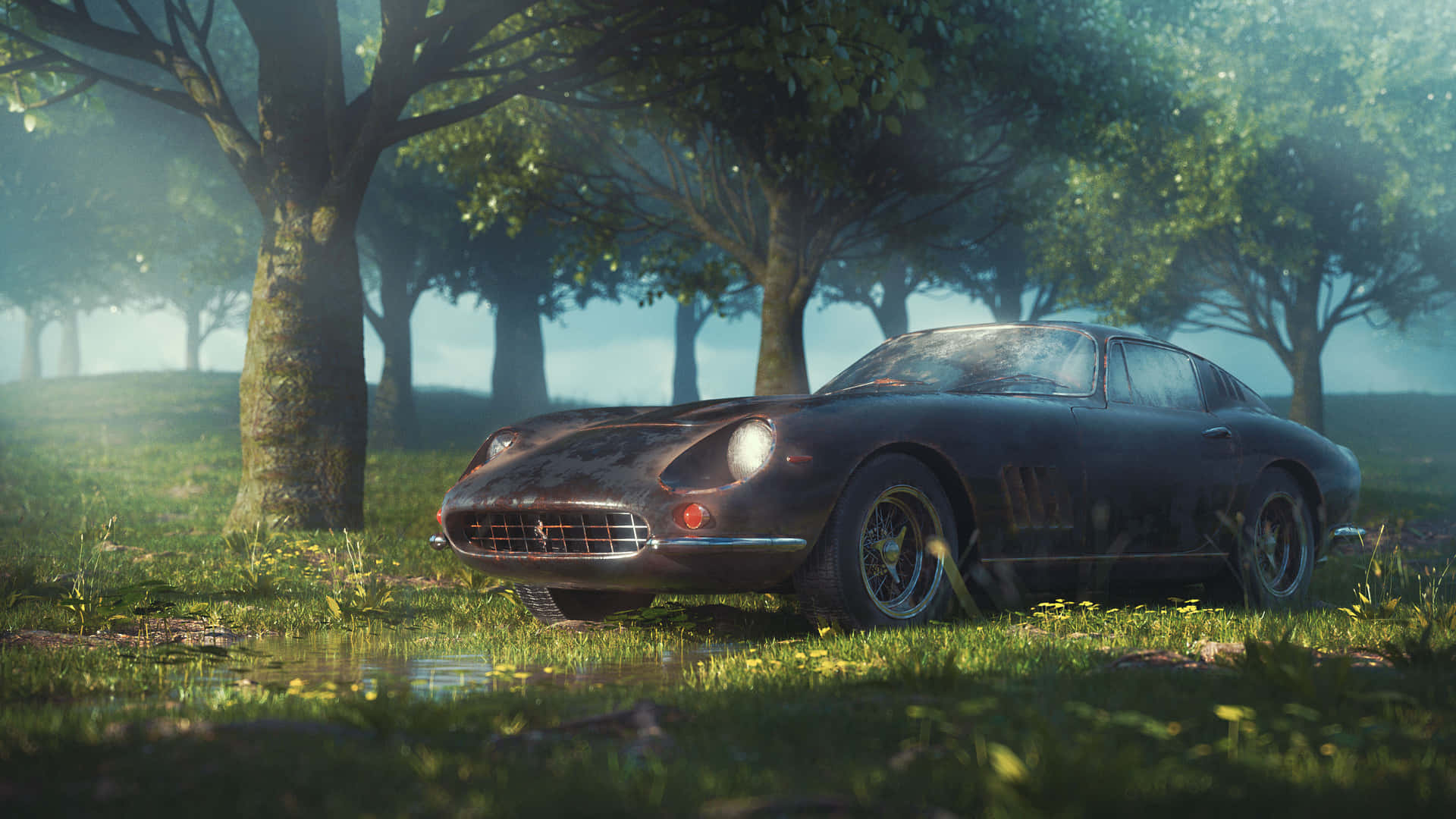 A Car Is Parked In The Grass Near Trees Background