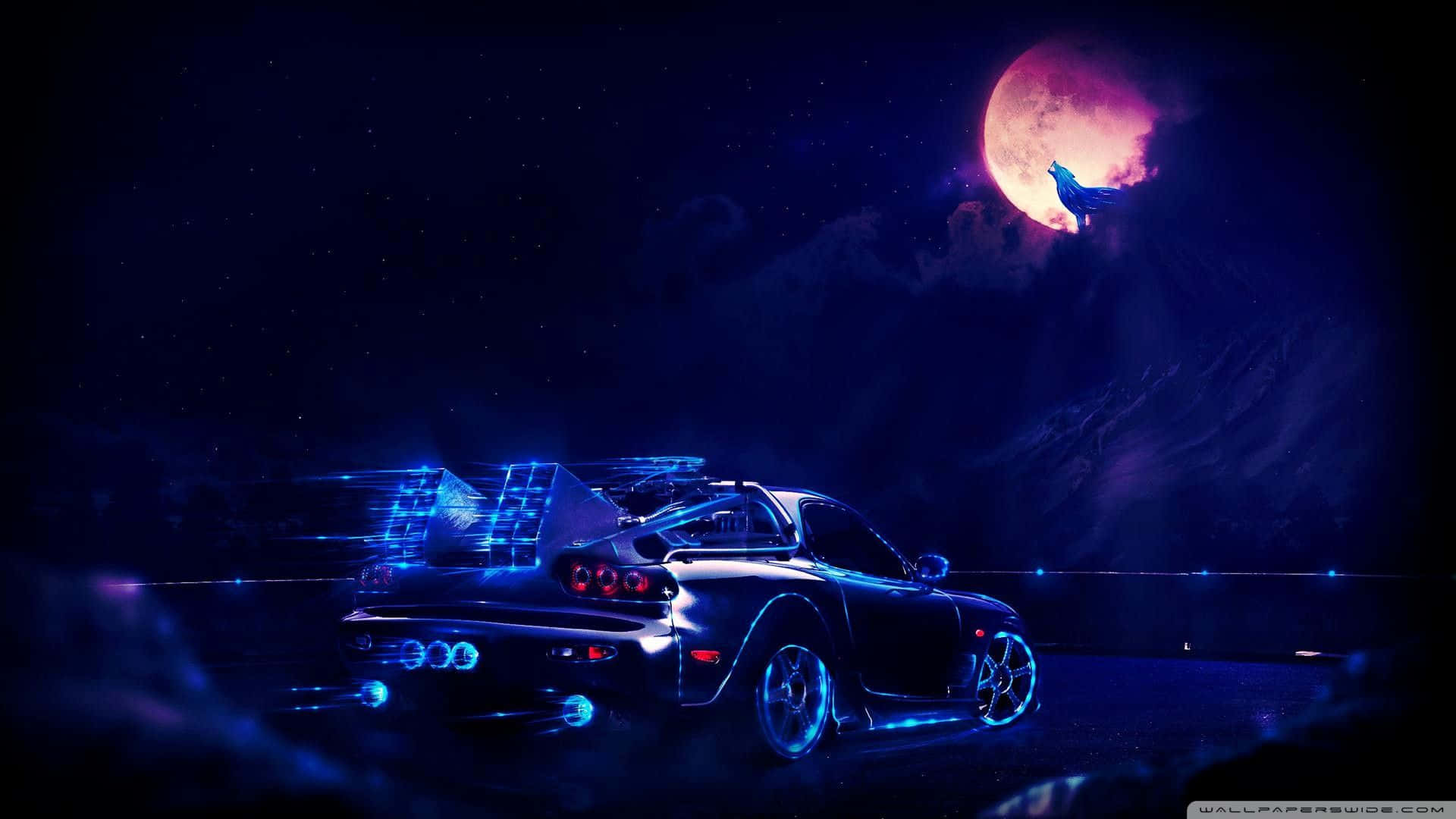 A Car Is Shown In The Night Sky With A Blue Light Background