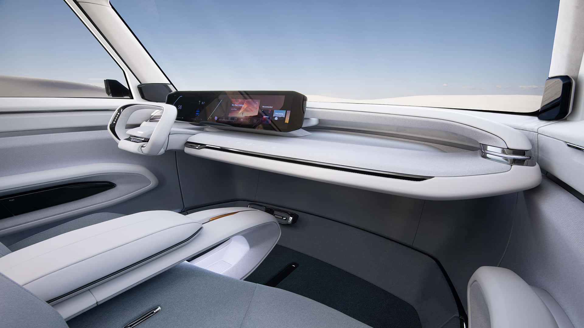 A Car With A White Interior And A Tablet Background