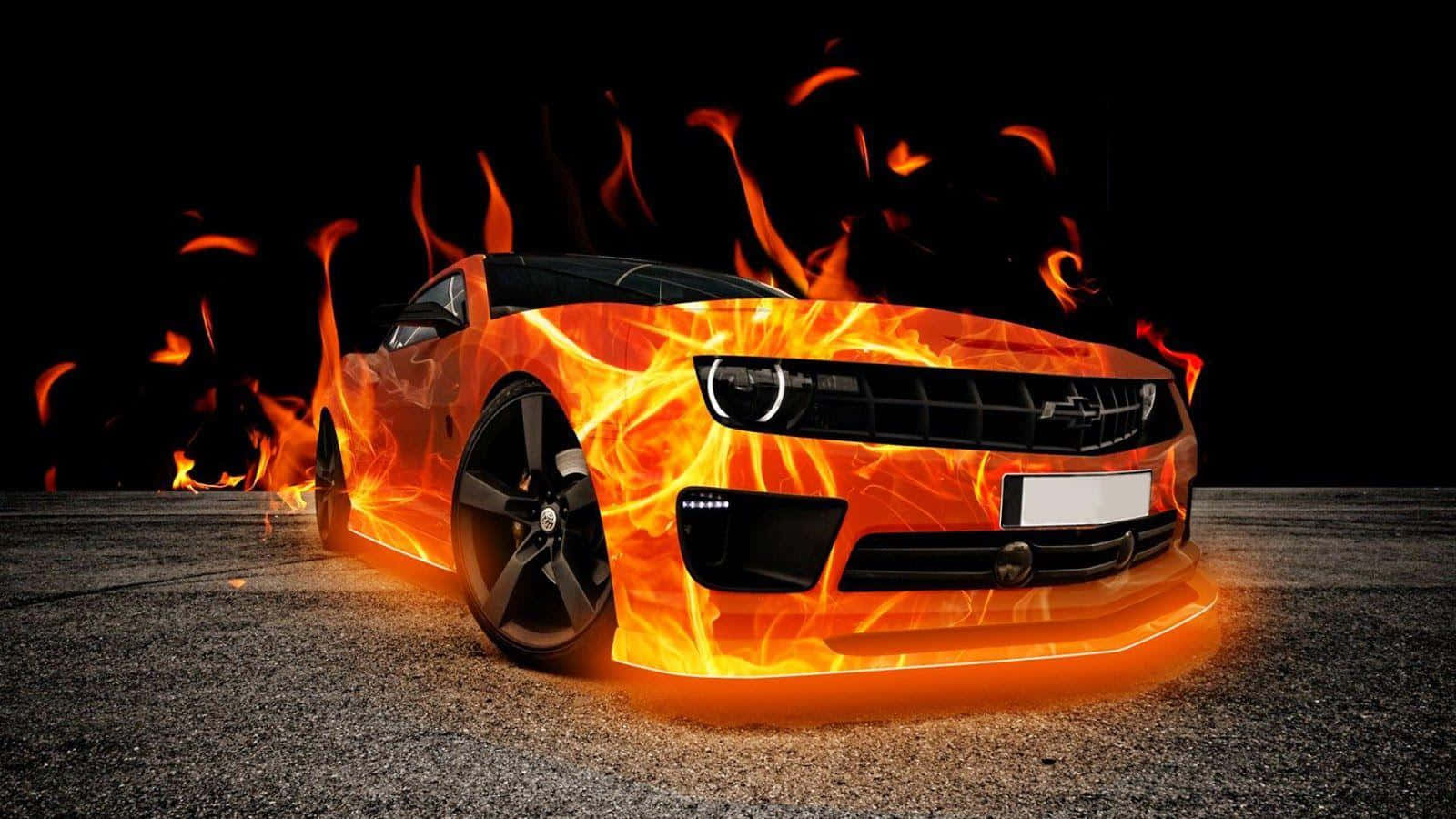 A Car With Flames On It In The Dark Background