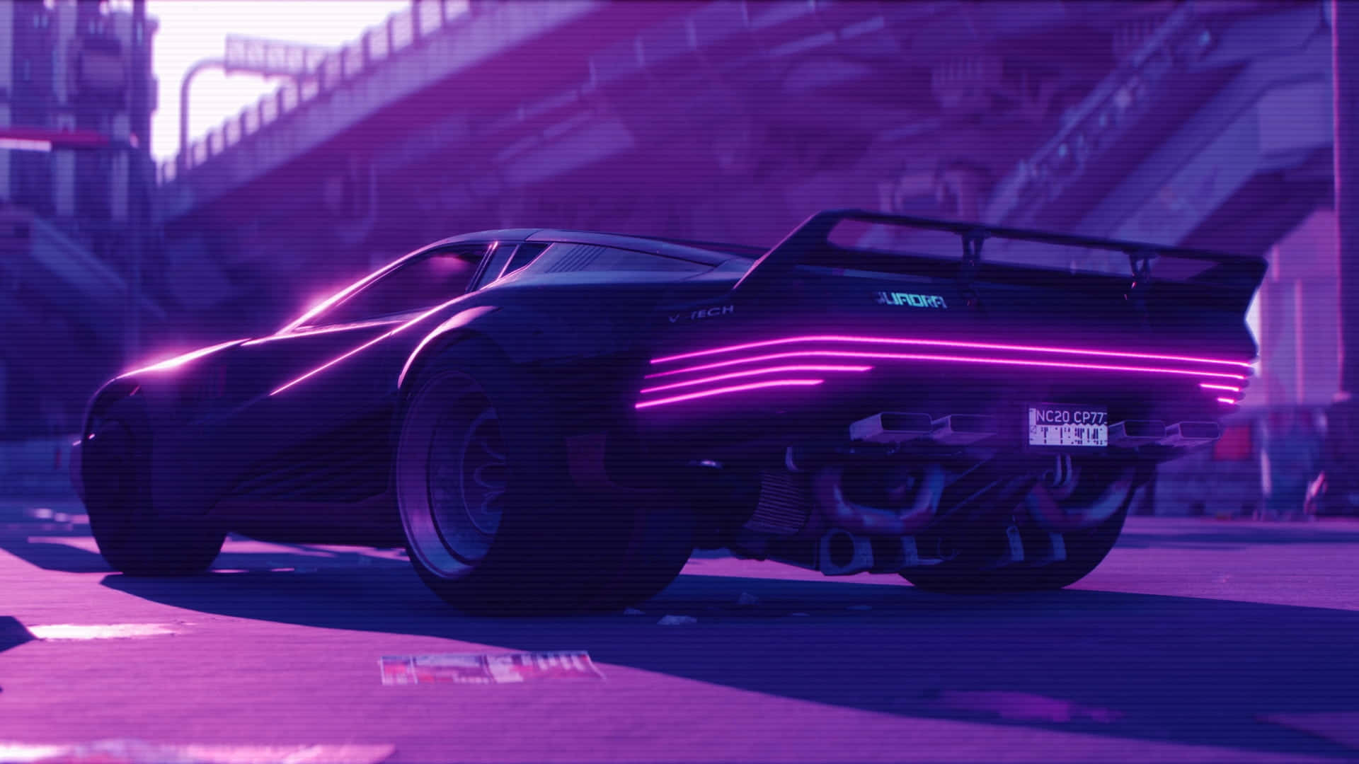 A Car With Neon Lights In The Background Background