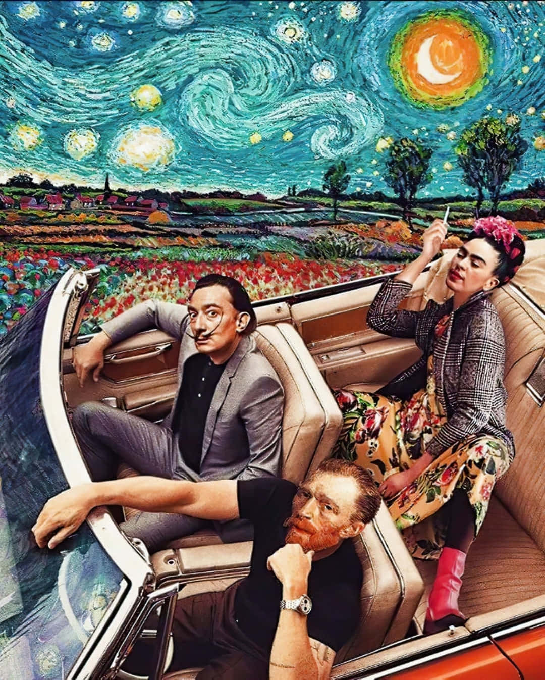 A Car With Three People In It And A Starry Sky Background