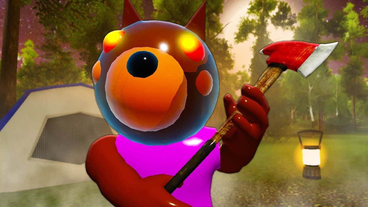 A Cartoon Bear Holding An Axe In The Forest Background