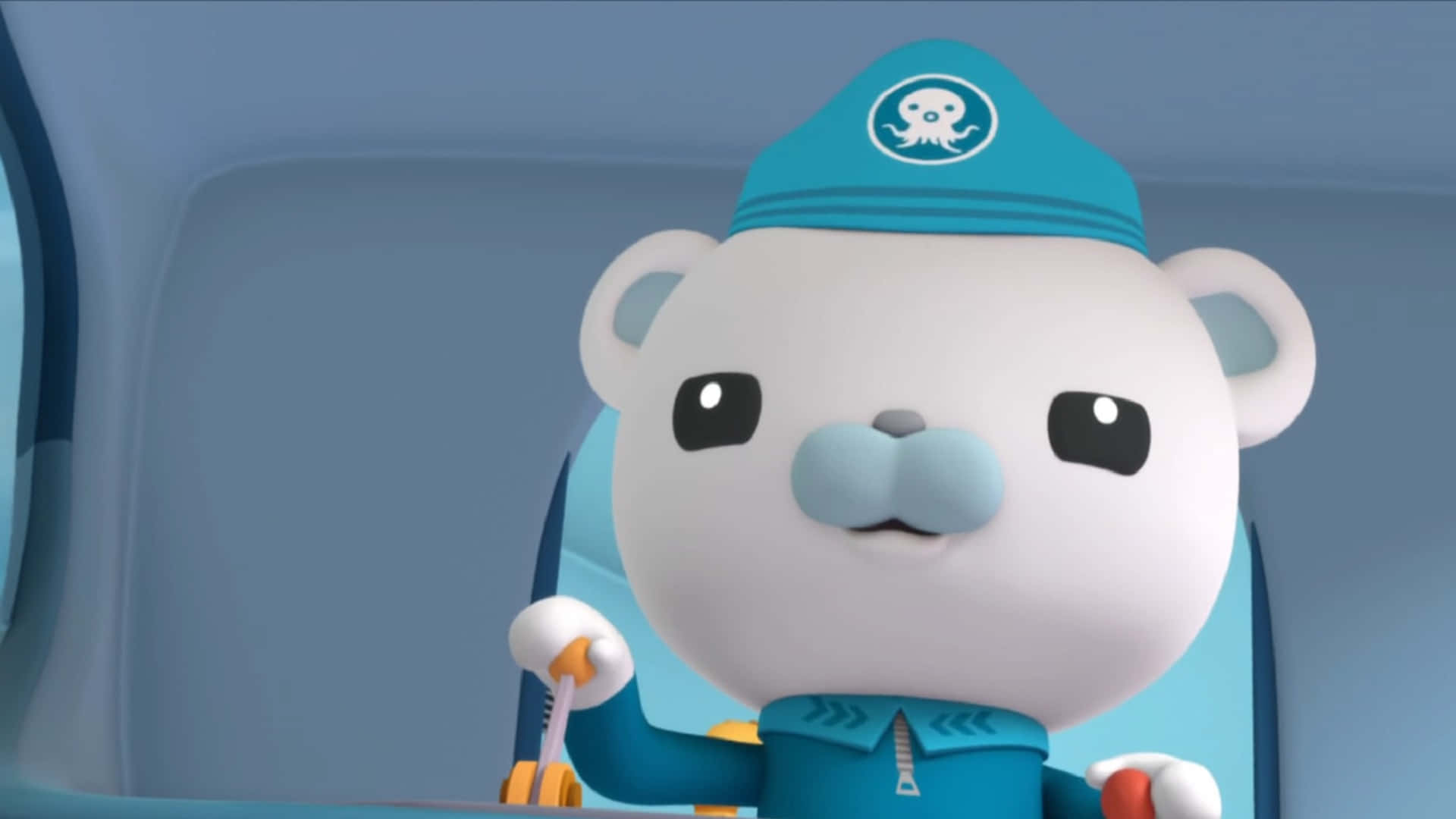 A Cartoon Bear In A Blue Hat Is Sitting In An Airplane Background