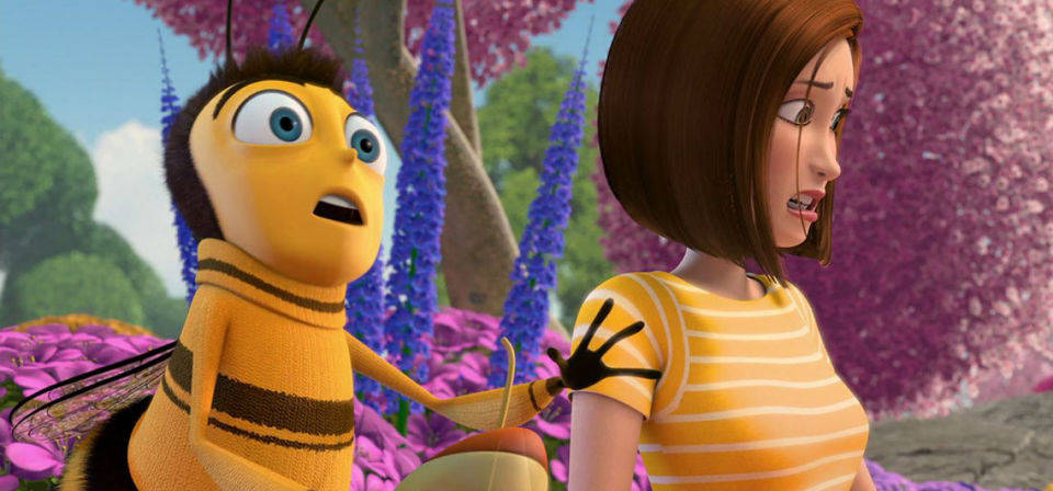 A Cartoon Bee And A Girl Standing In Front Of Flowers