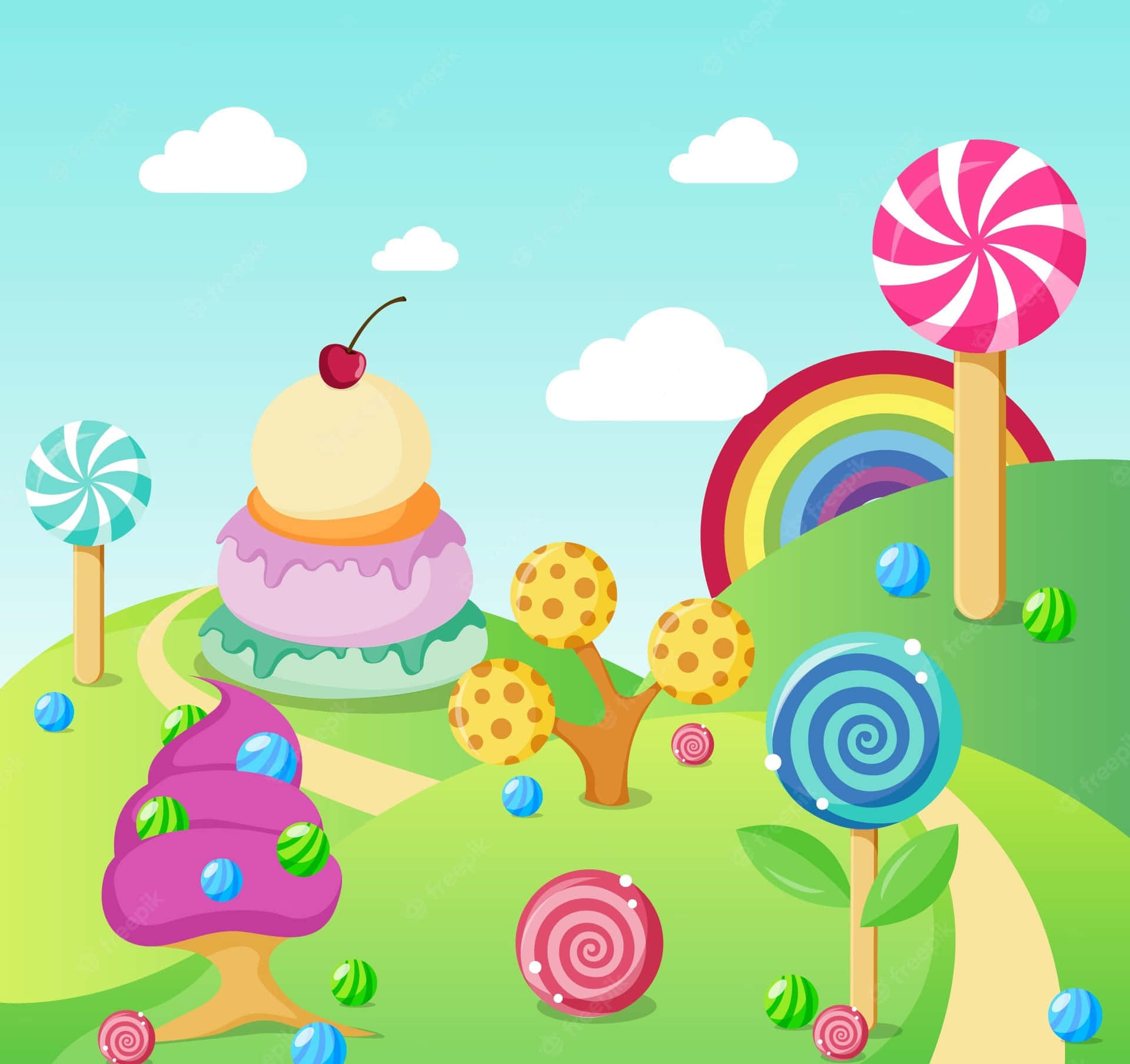 A Cartoon Candy Landscape With A Rainbow And Lollipops Background