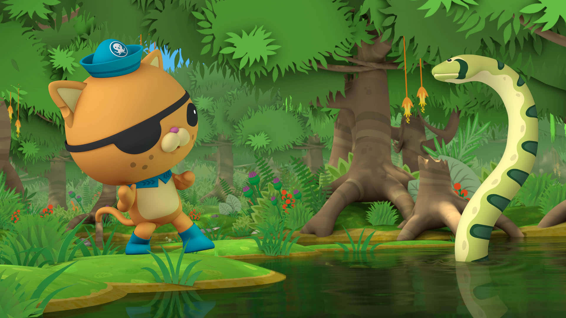 A Cartoon Cat And Snake In The Forest Background