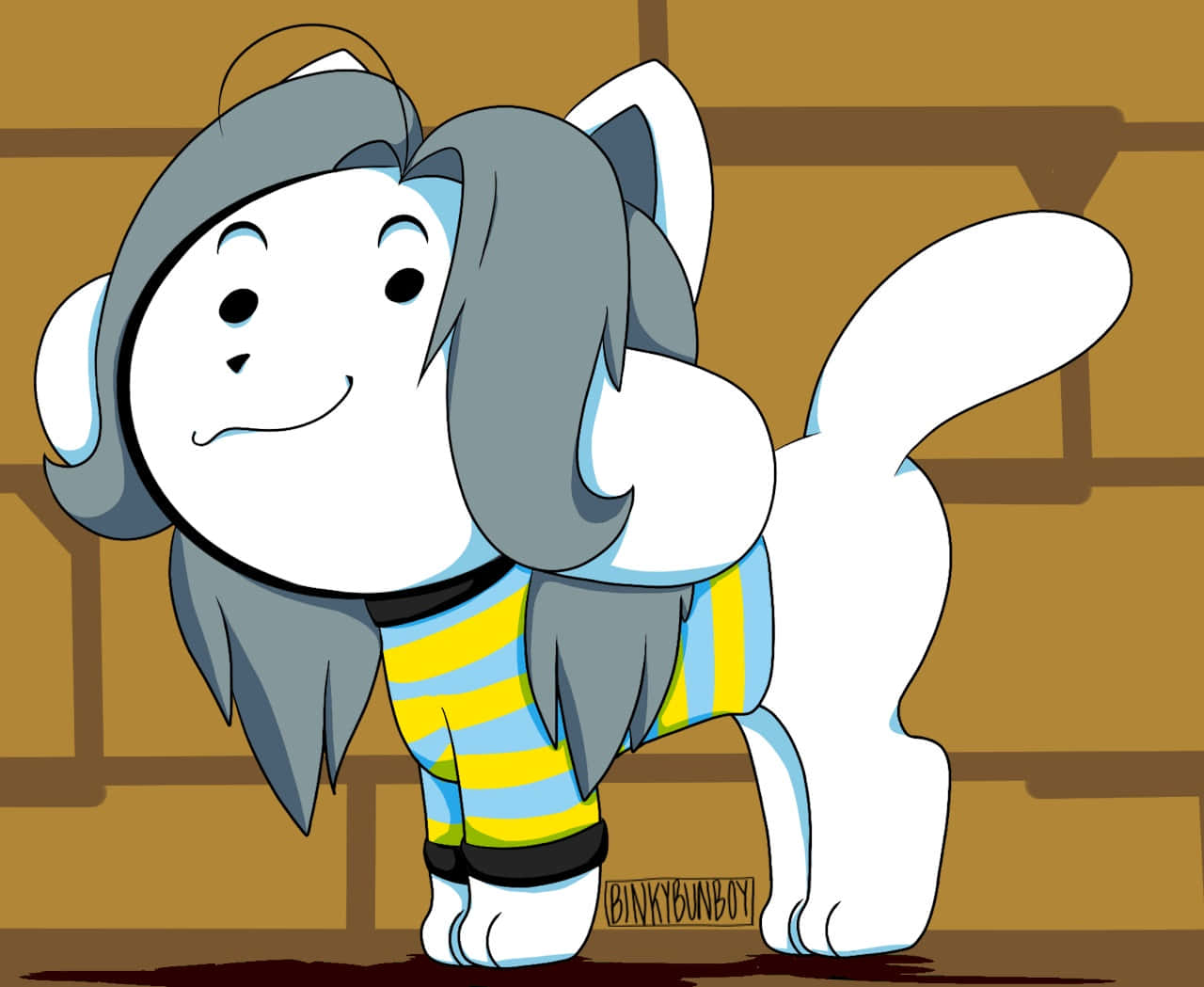 A Cartoon Cat With Long Hair And A Striped Shirt Background