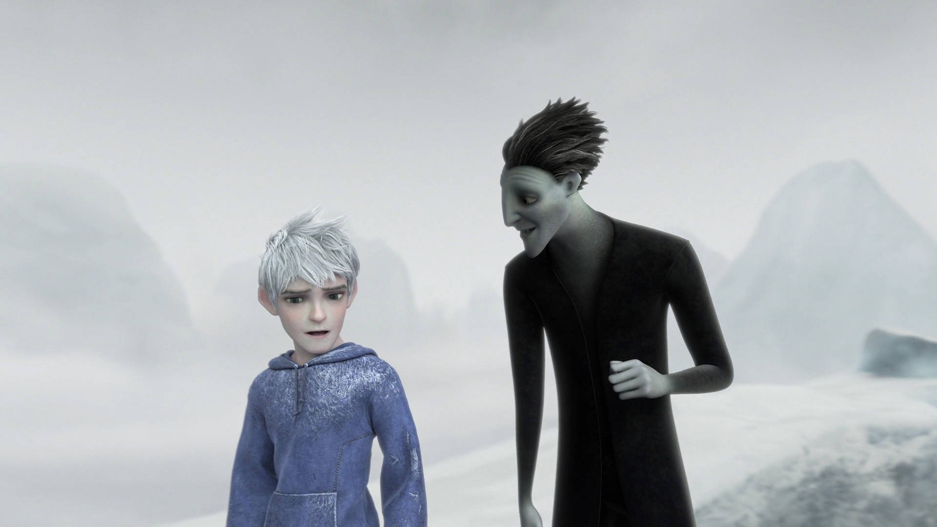 A Cartoon Character And A Boy Standing In The Snow Background